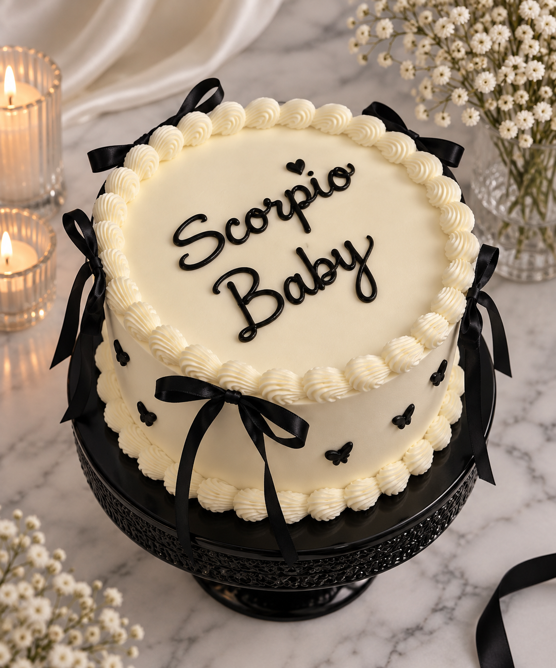 Elegant Scorpio Baby Cake with Satin Bows.png