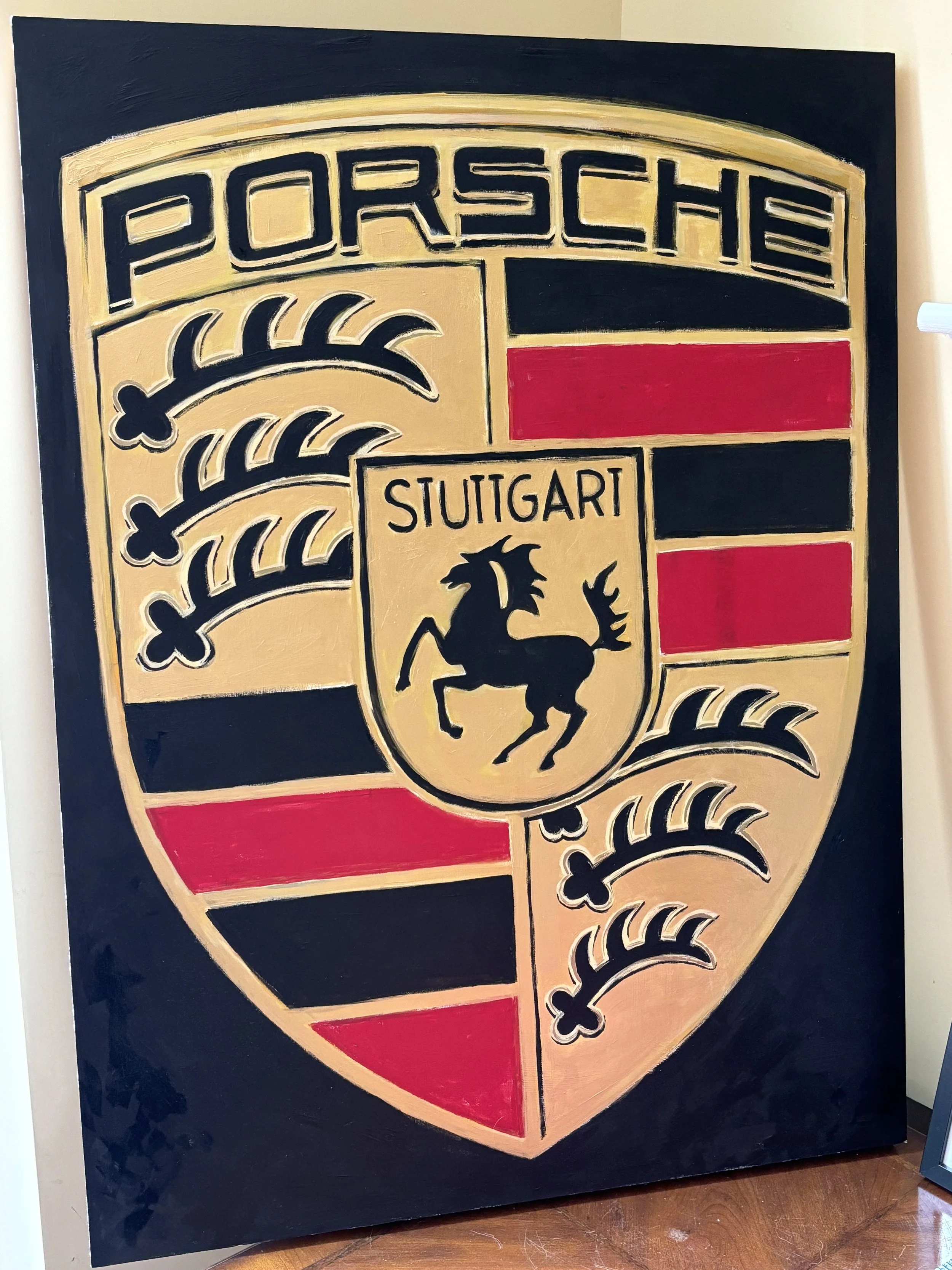 Porsche Logo, Gold Metallic. 40" x 30". Acrylics on board