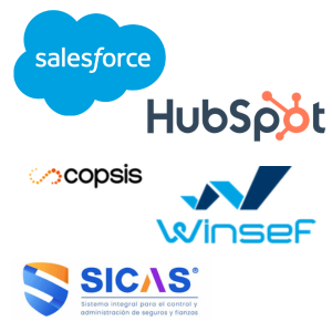 Logos de varias plataformas de CRM y sistemas de gestión, incluyendo Salesforce, HubSpot, Copsis, Winsef y SICAS.