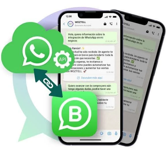 Ilustración de dos teléfonos inteligentes con conversaciones de WhatsApp en pantalla, rodeados de iconos que representan integración con API y enlaces, en un fondo con un símbolo de chat en globo y elementos gráficos relacionados con la automatización y mensajes de WhatsApp.
