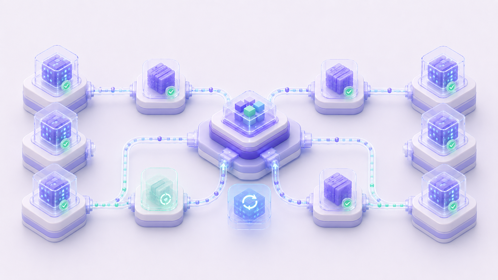 Diagrama digital con bloques y conexiones, simbolizando tecnología de blockchain o procesamiento de datos en cadena.