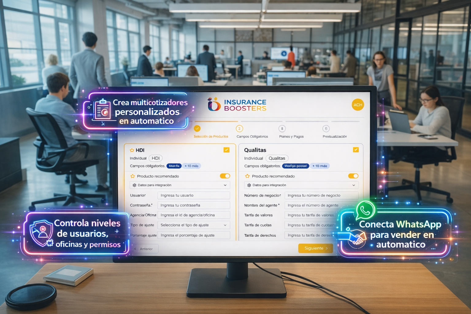 Pantalla de una plataforma digital para cotizar, emitir y administrar pólizas de seguros, mostrando diferentes opciones con sus precios y botones para emitir las pólizas.