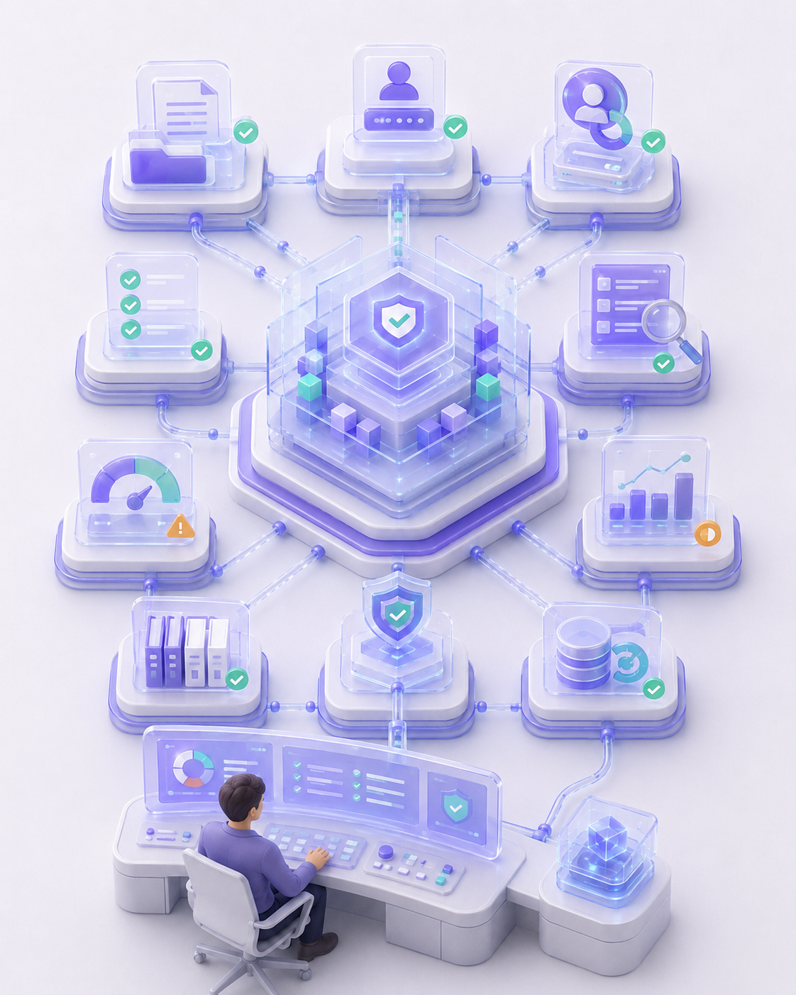 Ilustración futurista de un sistema de ciberseguridad con un analista monitorizando diversas funciones, como protección de datos, análisis de rendimiento, y respaldo de información, todo en un entorno digital con tonos morados y azules.