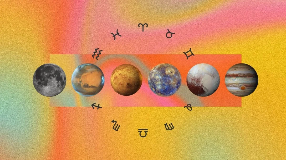 Famous planets from the solar system arranged in a row with zodiac symbols and signs in a circular pattern behind them on a colorful gradient background.