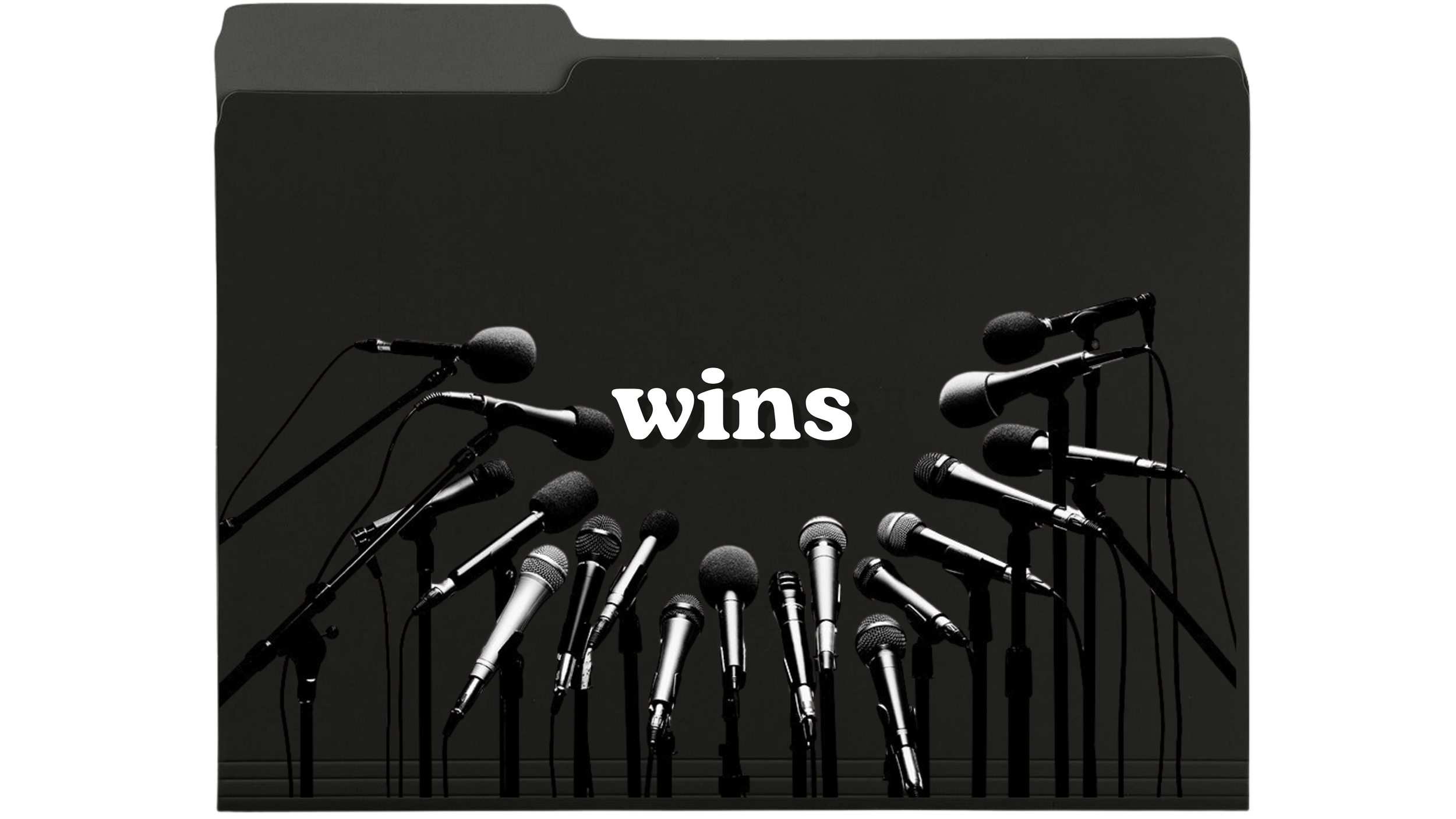 Multiple microphones in front of a black background with the word 'wins' written in white.