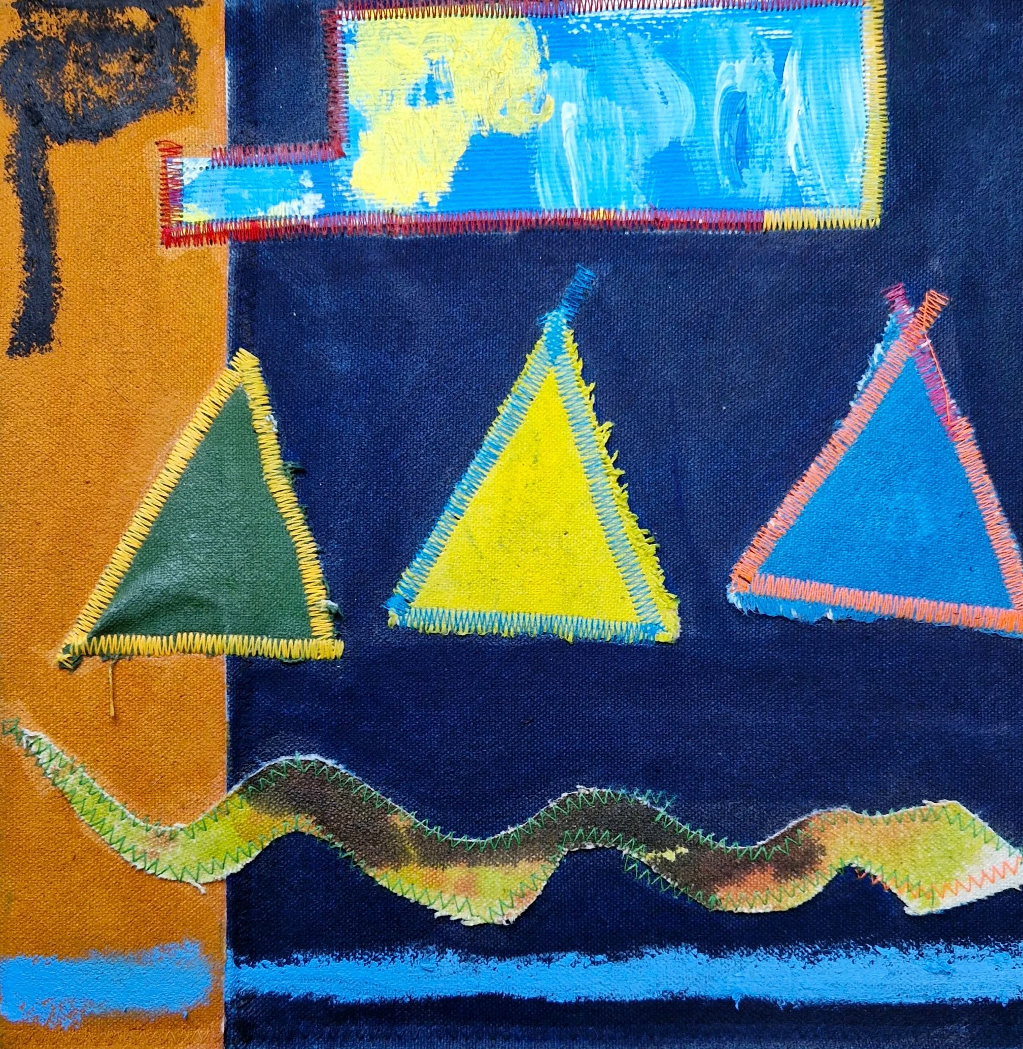 Snake by the river - Oil, oil sticks, sewing, dry pigments - 25 x 25 cm.