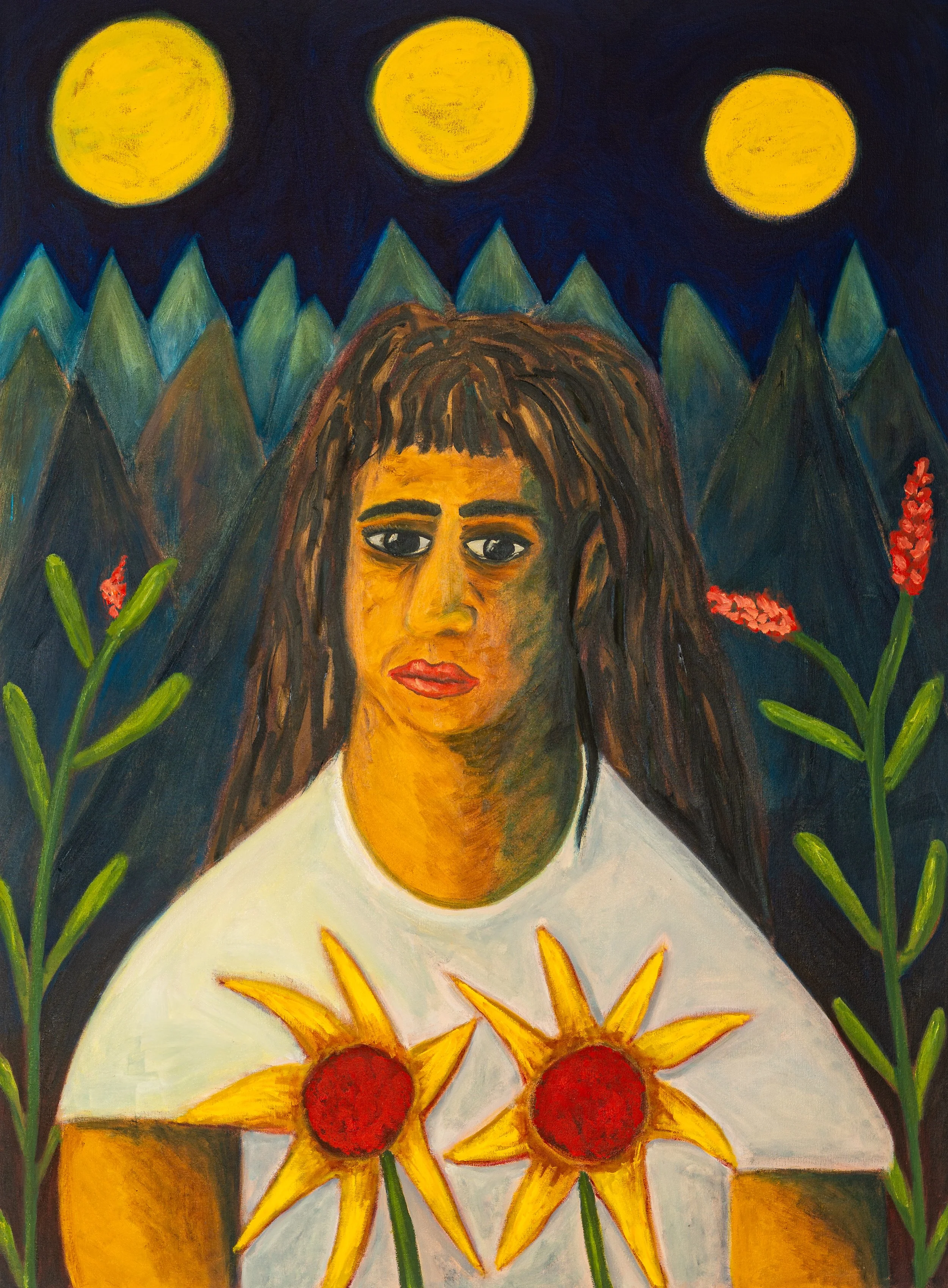 A painting of a woman with long dark hair, wearing a white shirt with two bright yellow and red flowers on the chest. She has dark eyes and red lips. The background features a dark sky with three yellow moons, mountains, and green plants with red flowers.