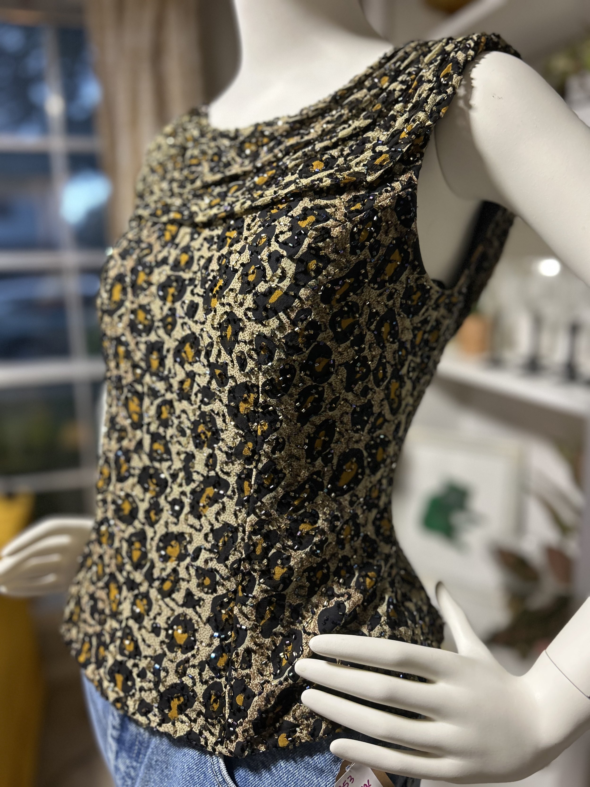 🐆 Vintage 90s Andretta Donatello Leopard Print Silk Beaded Draped Corset Top | Size M 🐆