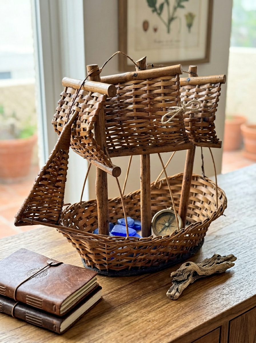 Vintage Wicker Boat-Shaped Basket Centerpiece 🧺