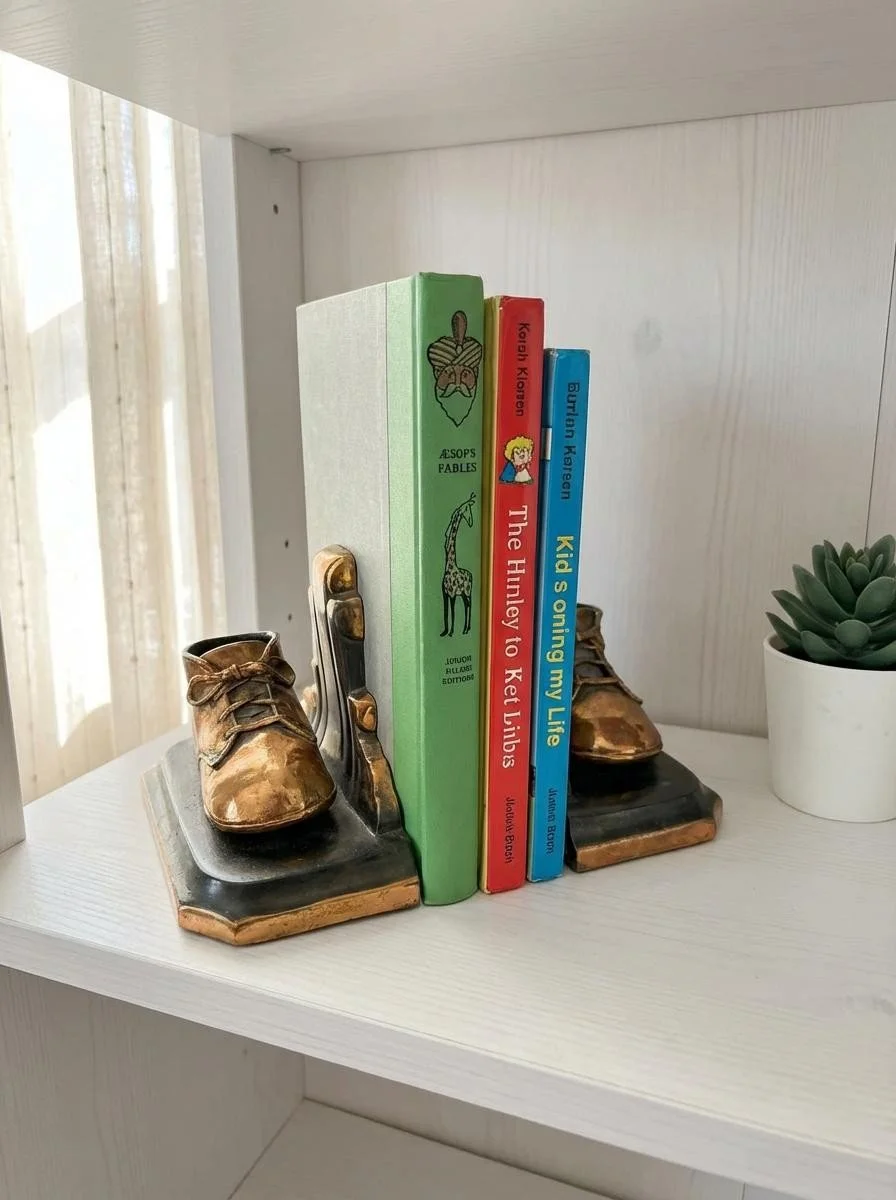 Vintage Copper Baby Shoe Bookends – 1950s Nursery Decor