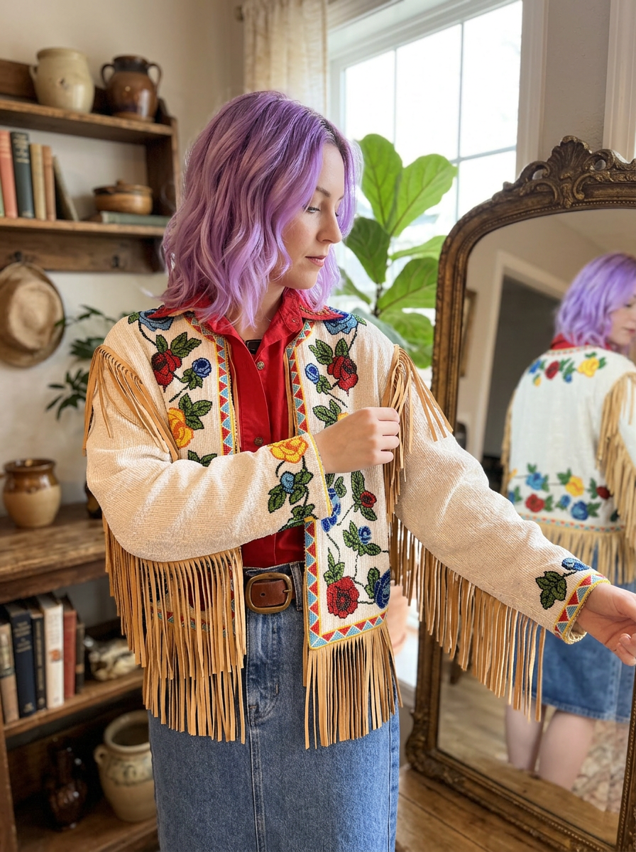 Vintage Hairston Roberson ROPA Hand-Beaded Leather Jacket – Size M/L 🤍✨