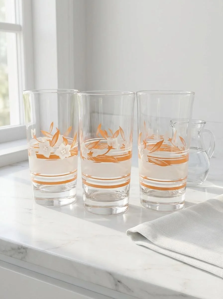 Vintage Libbey Peach & White Capri / Concert Floral Glasses – Set of 6