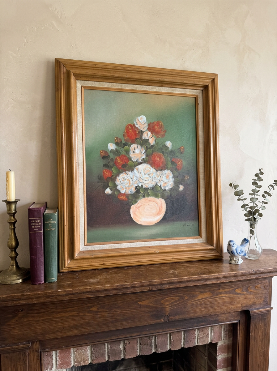 Signed Floral Bouquet Painting – Pink, Red & White Flowers – 23" x 27" 🌸