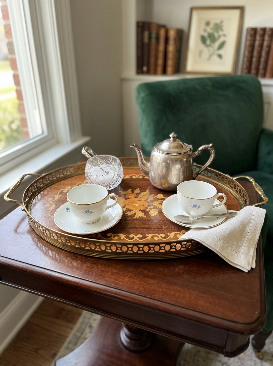 Vintage Italian Oval Wood Inlay Serving Tray with Brass Gallery Rim – 16" 🌿