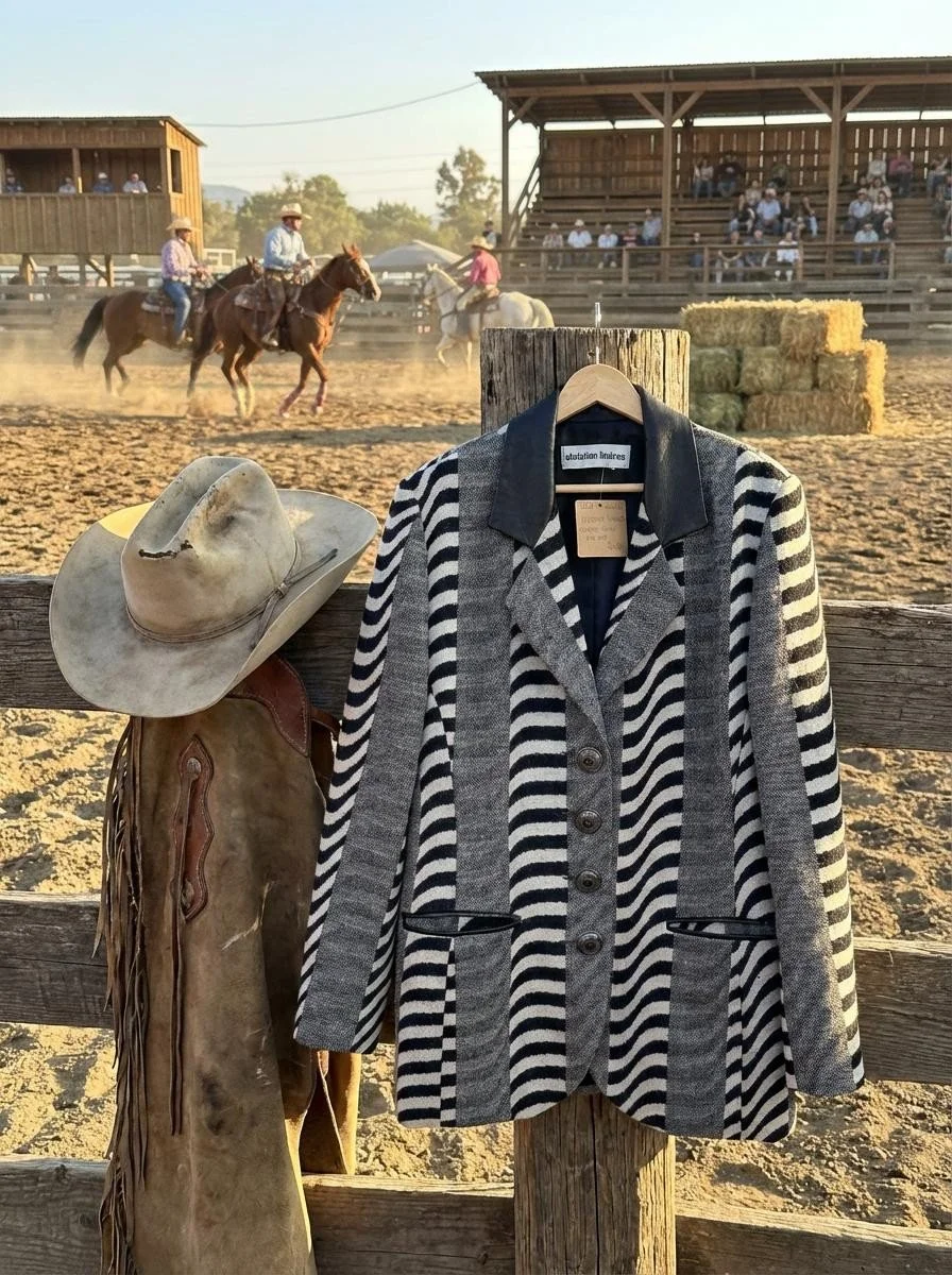 Vintage Christian Linares Black & White Op-Art Blazer with Leather Trim 🖤