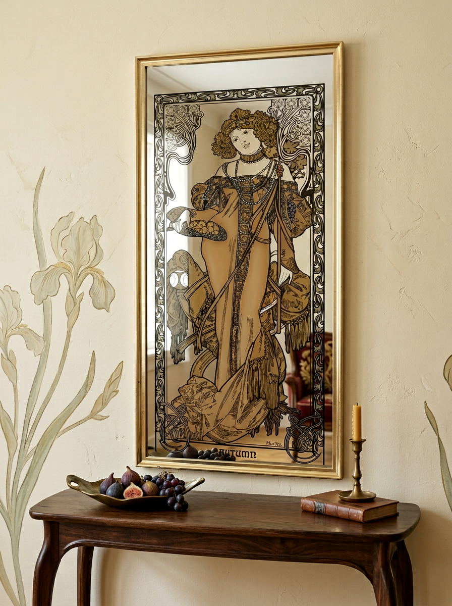 Vintage Alphonse Mucha “Autumn” Mirror – Art Nouveau / Art Deco Style – 14" x 33" 🍂✨