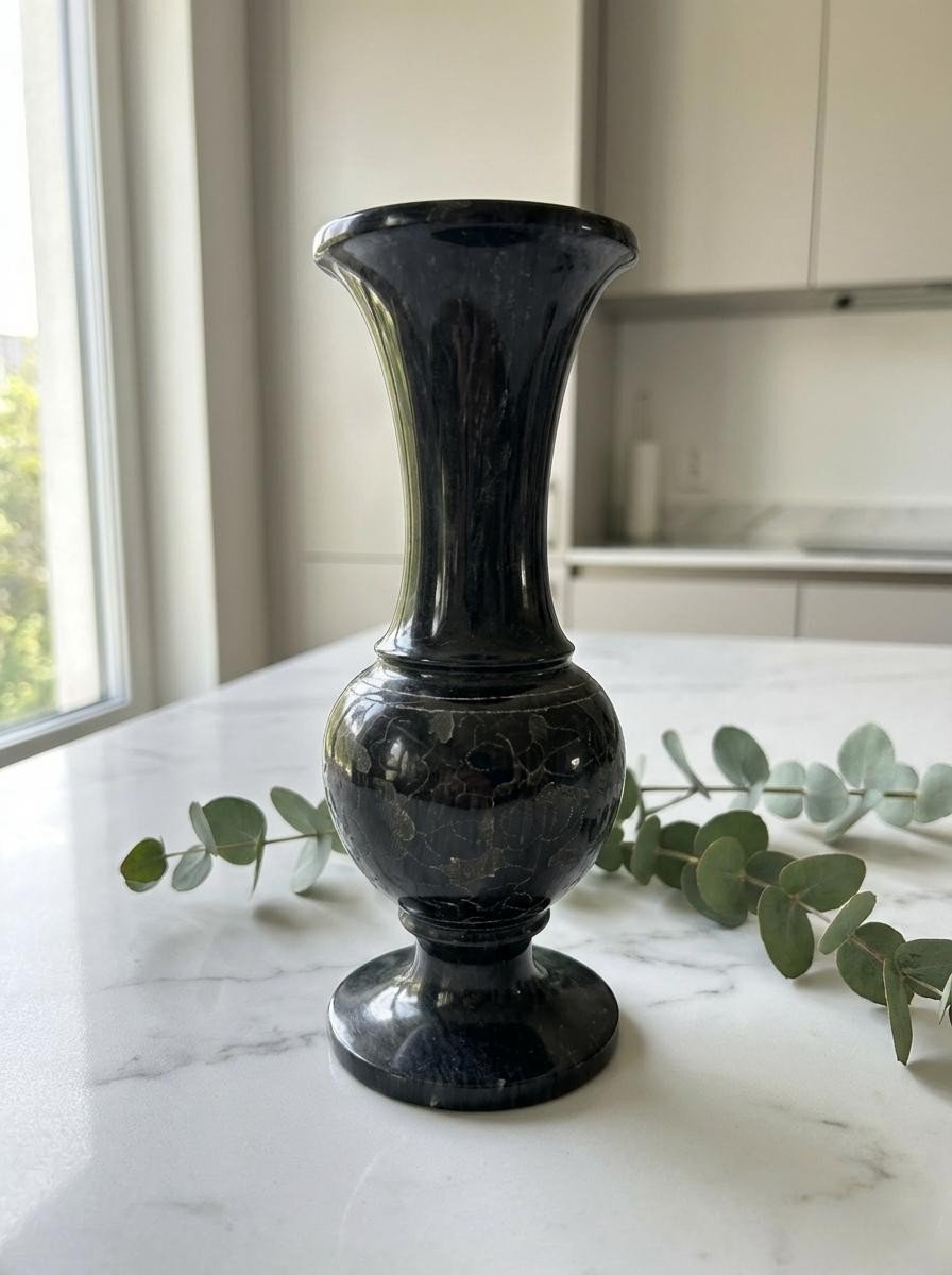Vintage Black Marble Etched Vase – 1970s Granite Floral Design