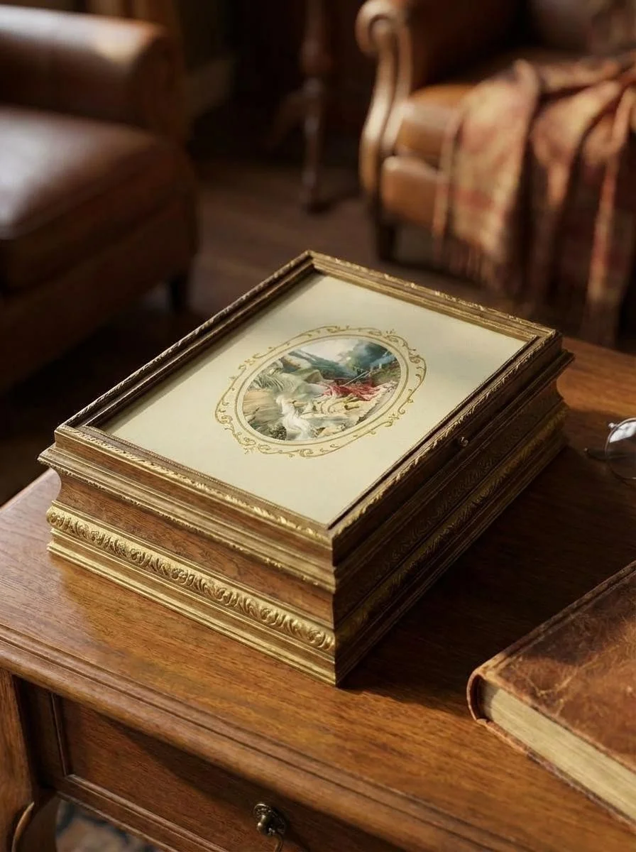 Edwardian Lovers Jewelry & Trinket Box with Mirror – Gold Wooden Vanity Box