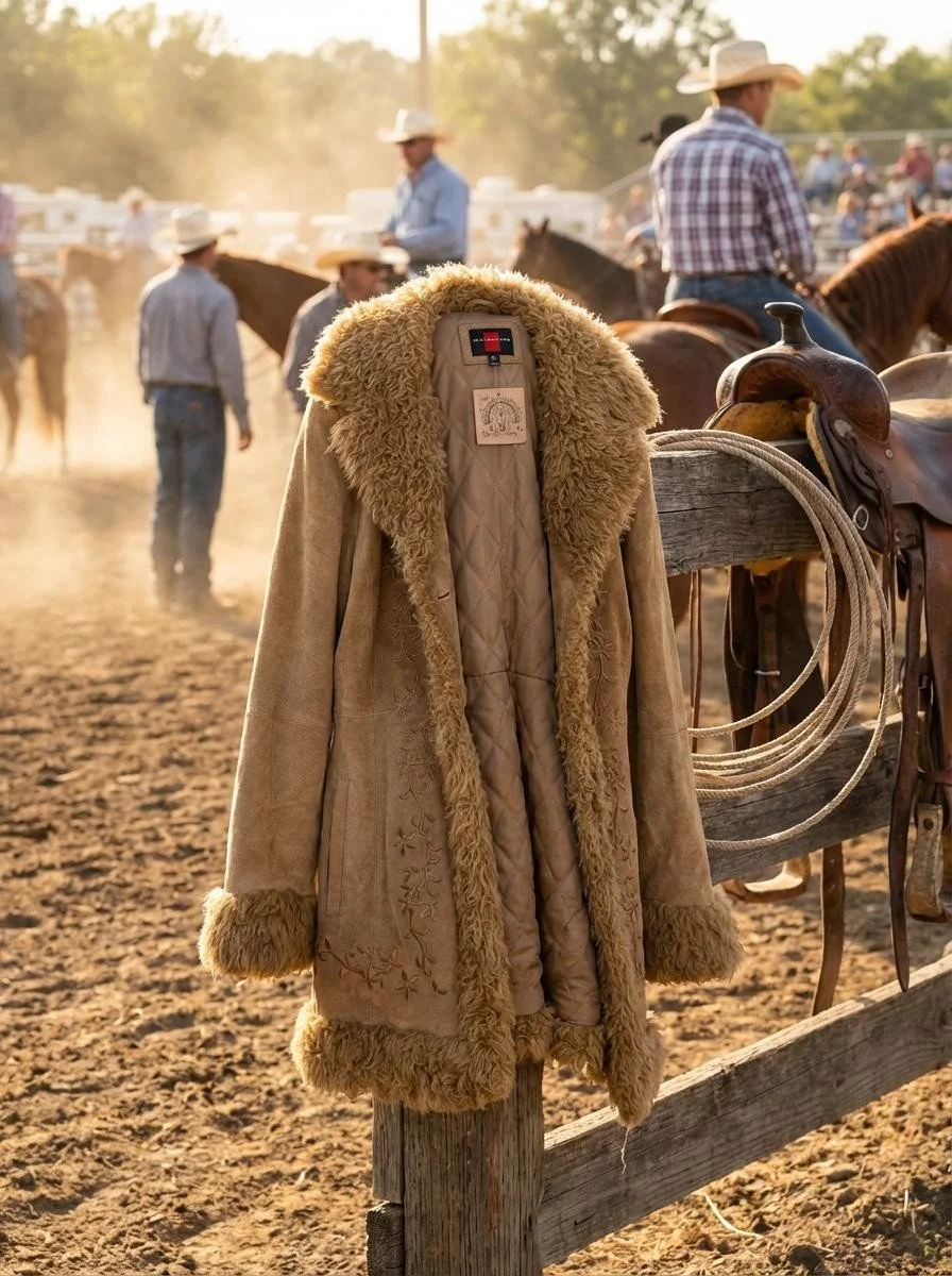 Vintage Leather Penny Lane Tan Suede Coat with Fur Trim & Floral Embroidery 🤎