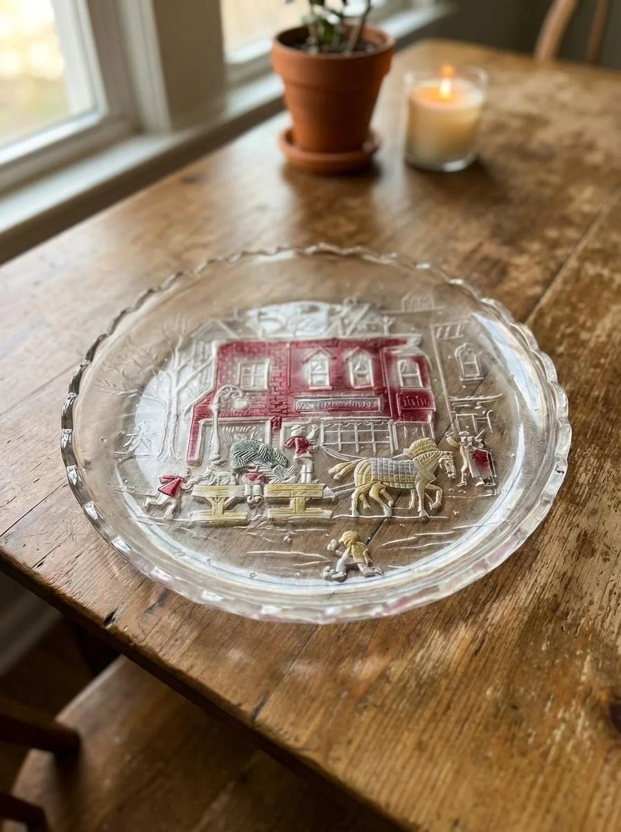 Winter Traditions Glass Christmas Scene Serving Platter 14 Inch Hand Painted