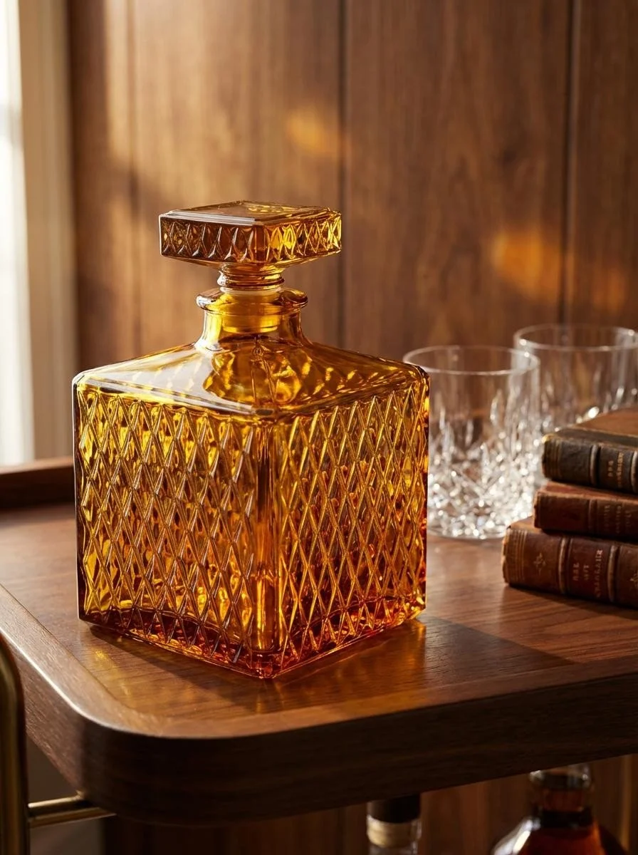 Vintage Amber Diamond Cut Glass Whiskey Decanter