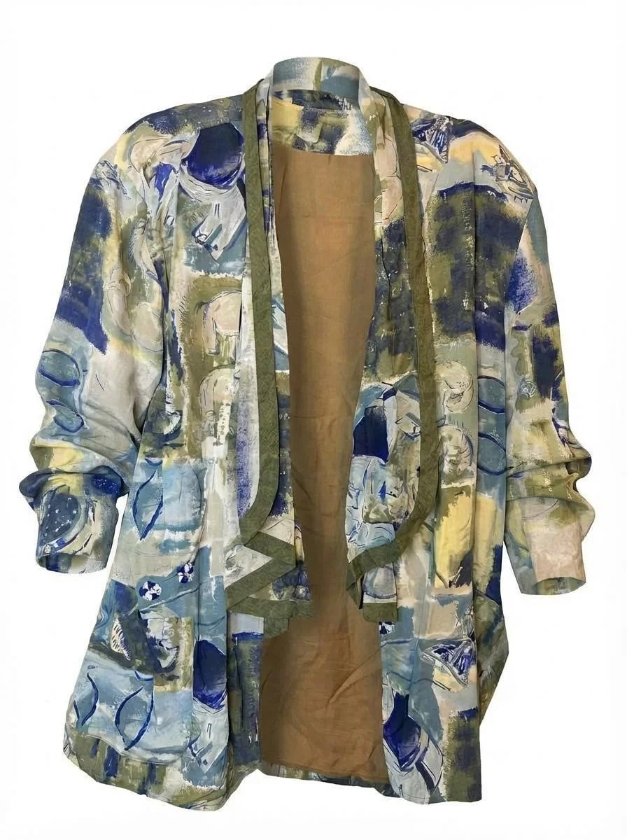 Blue Watercolor Lightweight Blazer with Flowy Collar Size 14