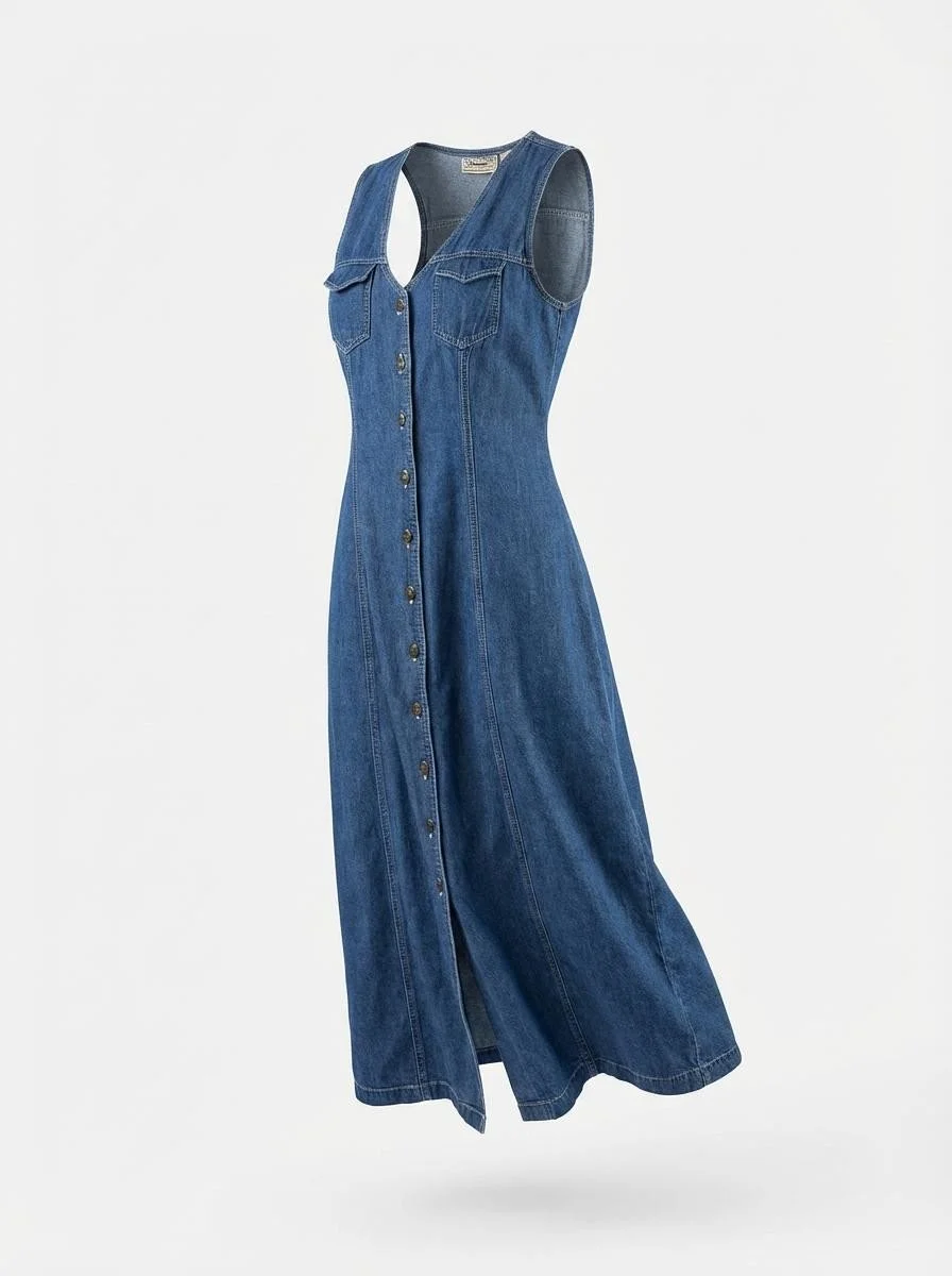 Vintage Rhythm Blues Sleeveless Denim Maxi Dress Size Large