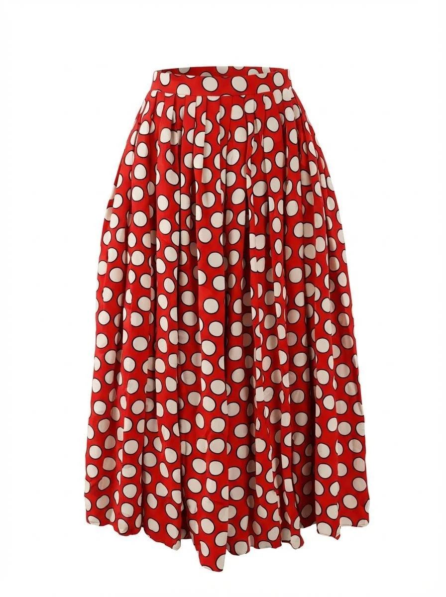 Red & White Polka Dot Pleated Silk Midi Skirt Size 10