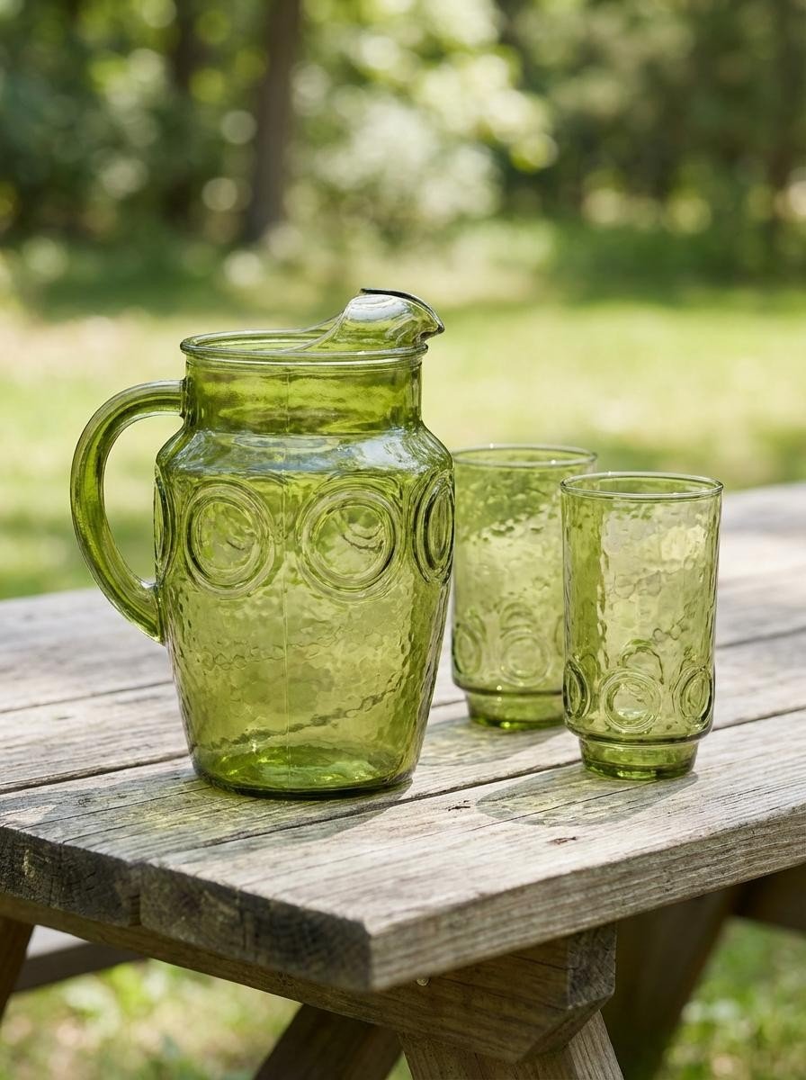 Anchor Hocking Avocado Green Bullseye Pitcher with 5 Glasses