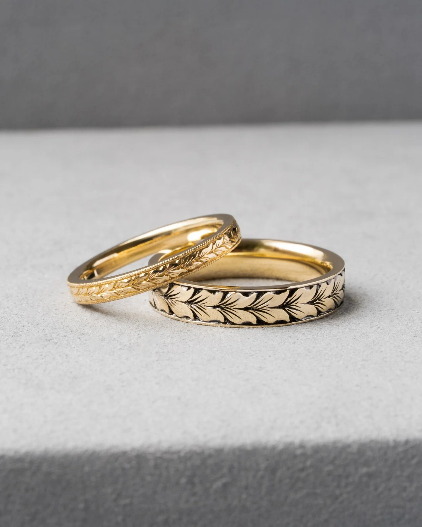Not into diamonds? We&rsquo;ve now got something leafy. ⁠
⁠
Hand-engraved wedding bands are now a thing at TINK. Matching (or not) wheat leaf patterns, with or without a blackened finish&mdash;made and engraved by hand, one by one.