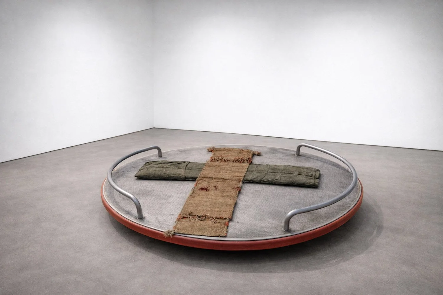Displaced Axis II, 2026 - Installation view,
found saddlebags, salvaged rotating circular platform (adapted from playground equipment), 
AI-generated image