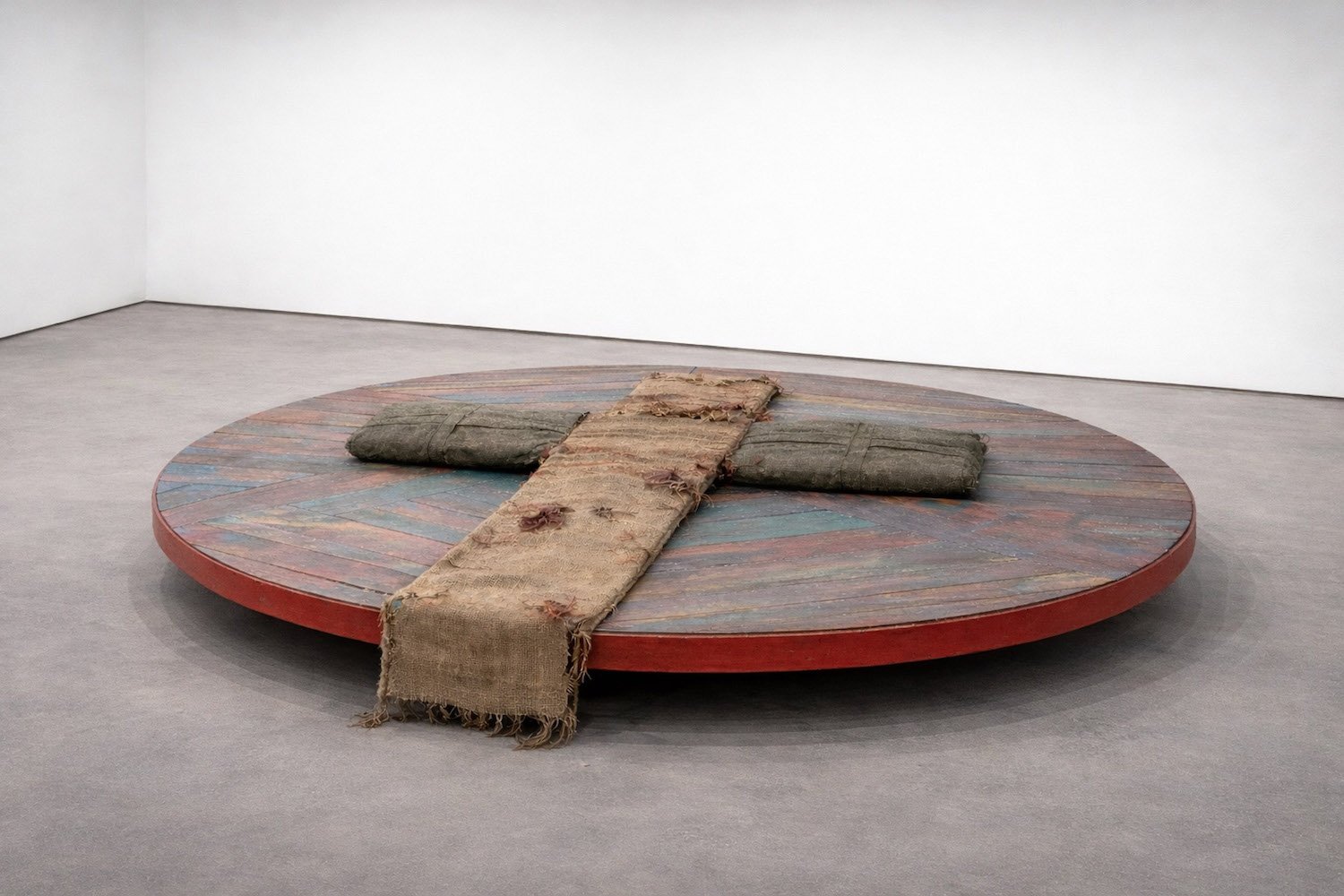Displaced Axis, 2026 - Installation view,
found saddlebags, salvaged rotating circular platform (adapted from playground equipment), 
AI-generated image