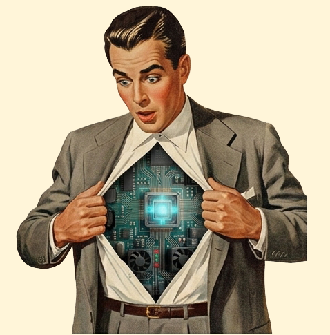 Hombre abriendo su saco y mostrando un circuito electrónico y un chip en su pecho