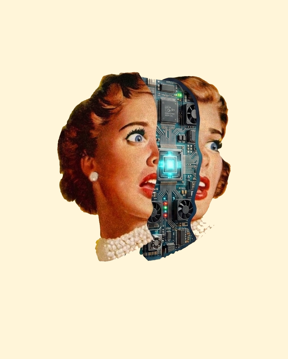 Composición artística que combina retratos de dos mujeres vintage con un circuito electrónico entre ellas.