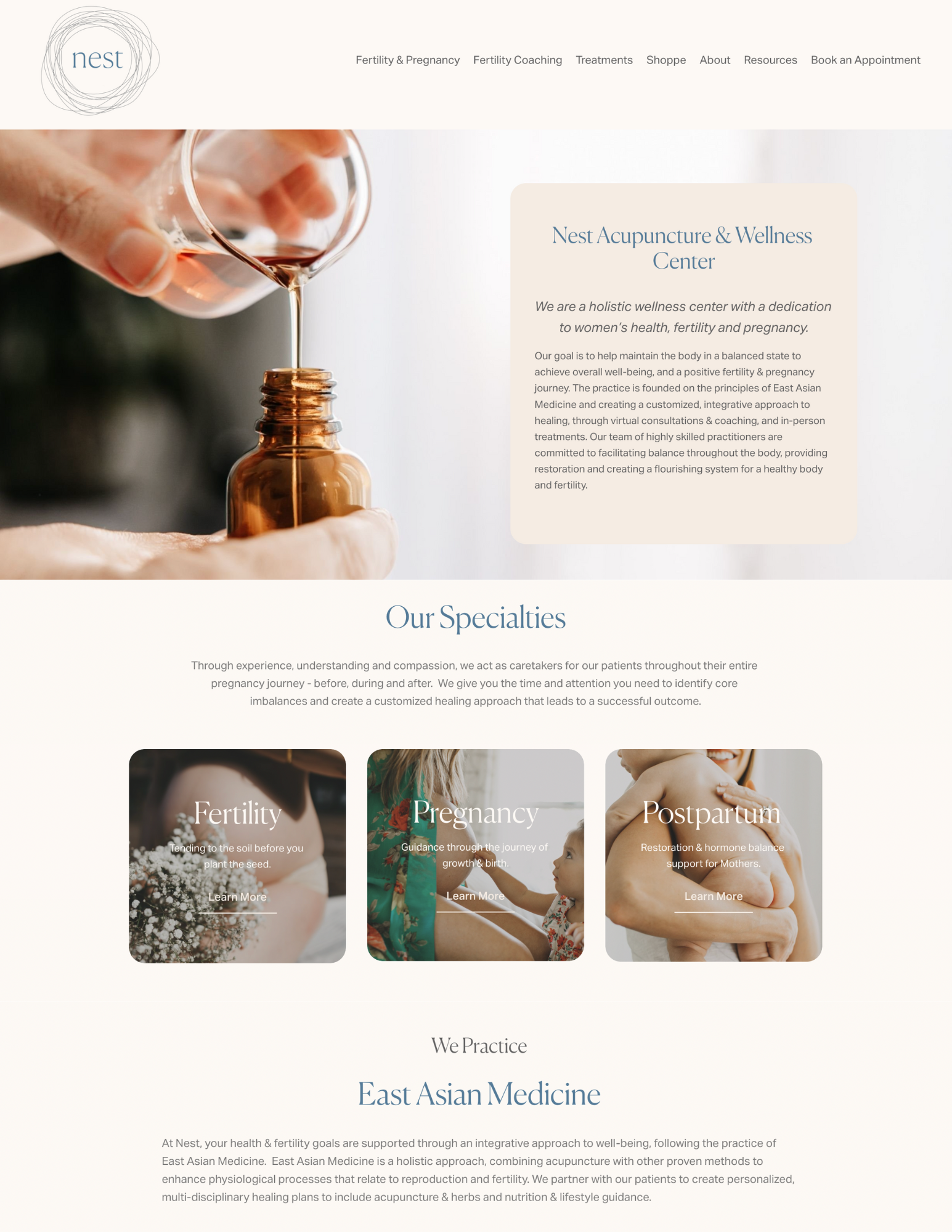 Homepage of Nest Acupuncture & Wellness Center featuring a person pouring herbal tincture from a glass dropper into a small amber bottle, with navigation menu at the top and sections about services, specialties, and practice philosophy.