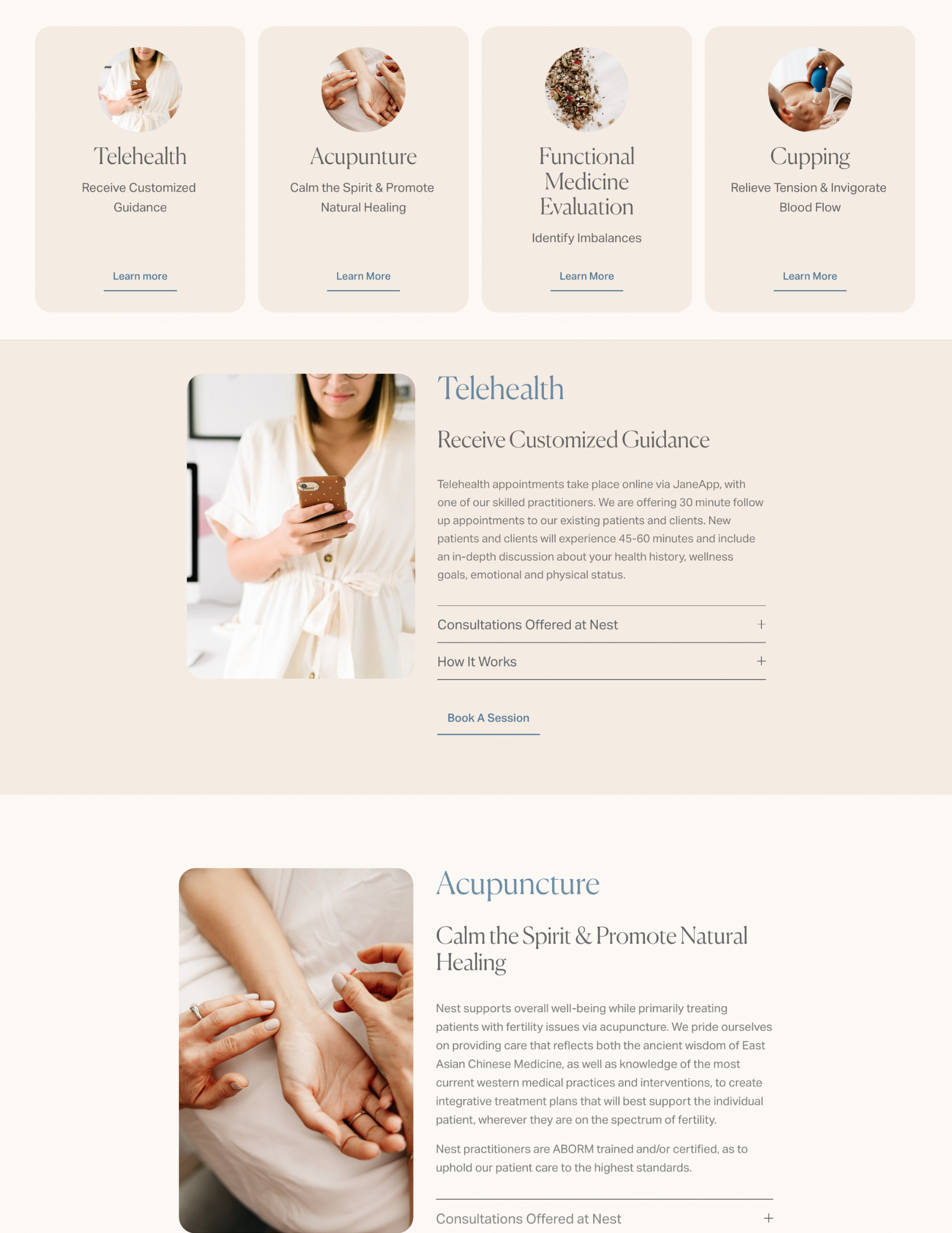 Screenshot of a website featuring alternative health services, including telehealth, acupuncture, functional medicine evaluation, and cupping, with images and descriptions of each method.