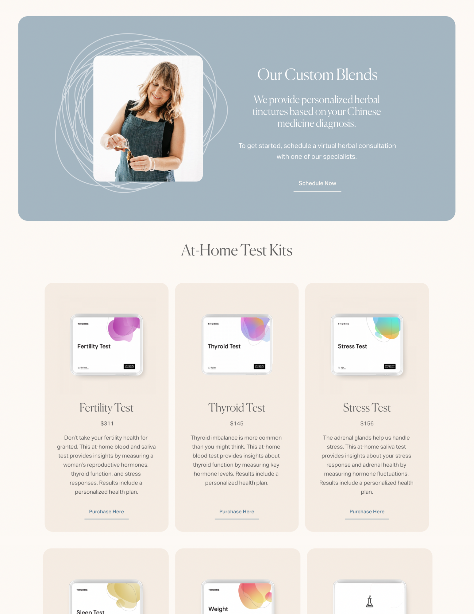 Website homepage featuring a woman holding herbal tincture, offering personalized herbal tinctures, and showcasing at-home test kits for fertility, thyroid, stress, sleep, and weight.