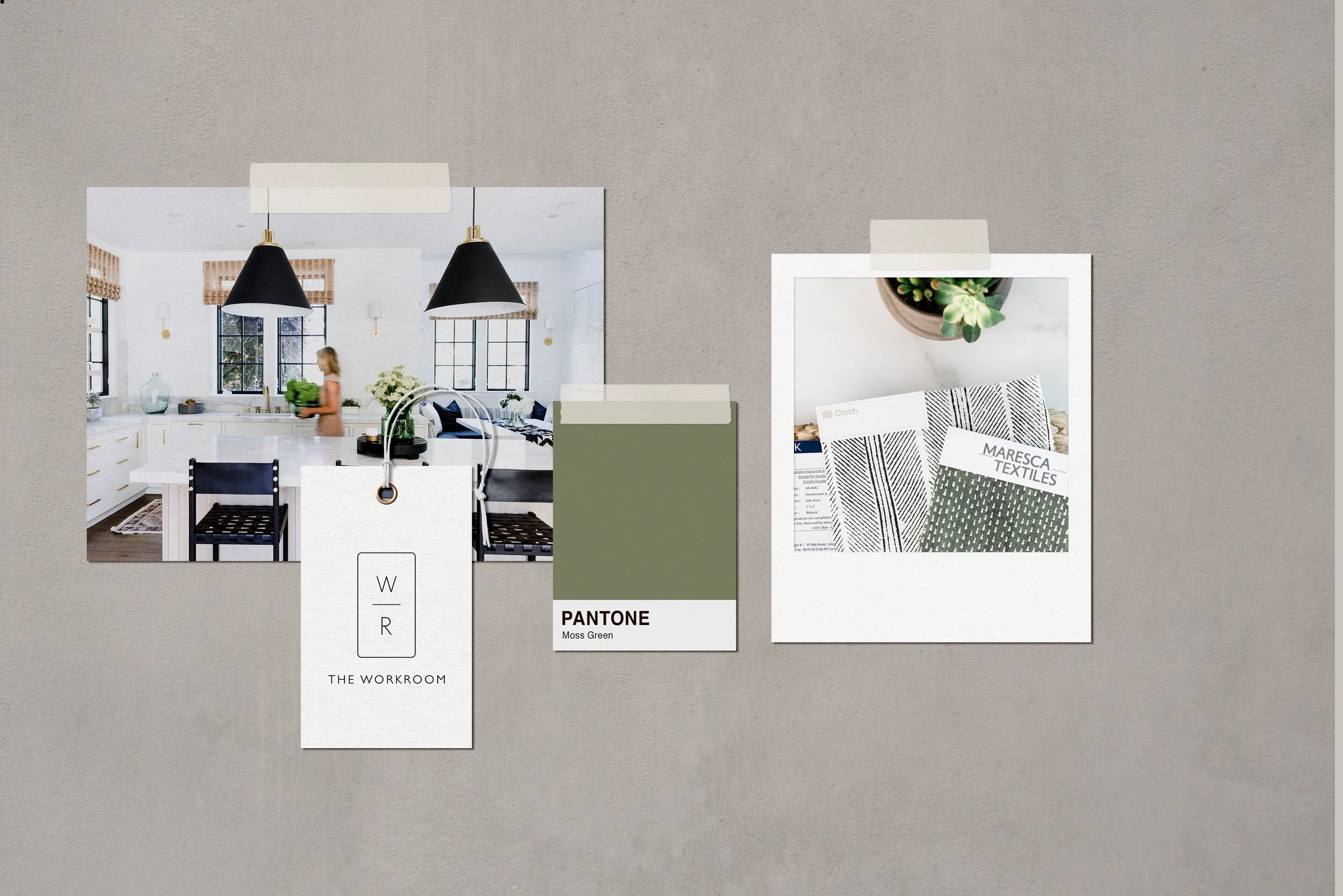 A mood board with interior design photos, a color swatch labeled 'Moss Green,' and fabric sample sheets.