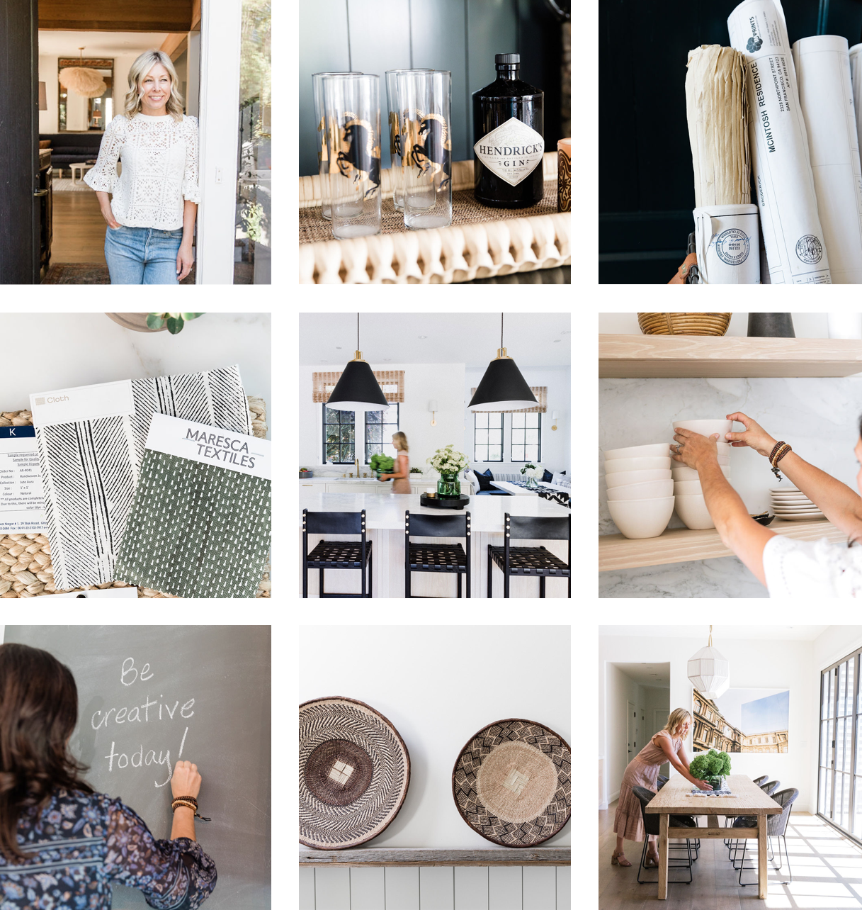 Collage of nine images showing interior and exterior home decor, kitchen, and lifestyle scenes: woman smiling at the doorway, glassware with a seahorse design, rolled-up architectural plans, fabric swatches, woman in kitchen with pendant lights, woman stacking bowls, woman writing on chalkboard, decorative woven baskets, woman setting a dining table near large windows.