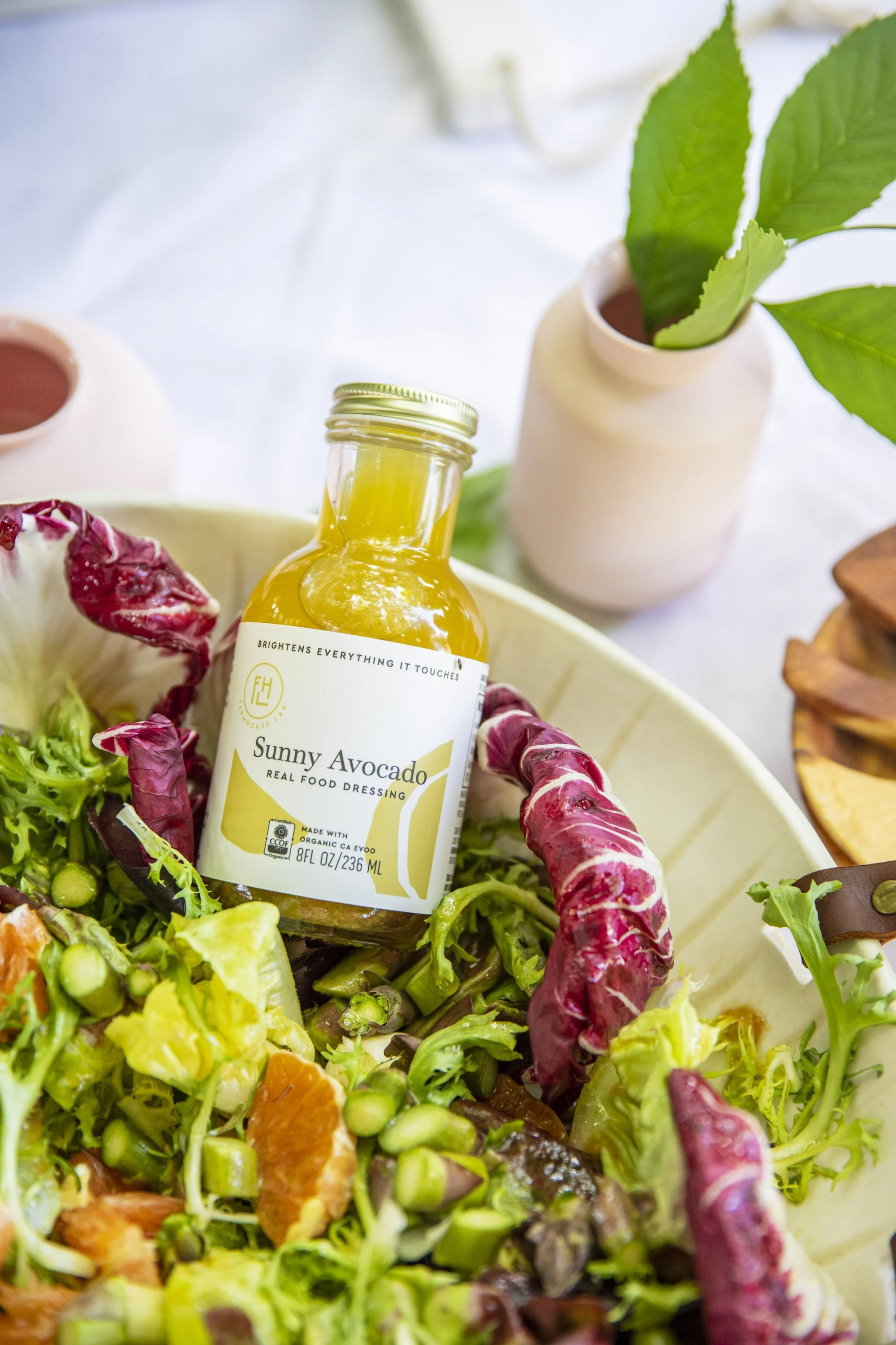 A bottle of Sunny Avocado salad dressing placed on a fresh salad containing greens, radicchio, and sliced carrots, with a potted plant in the background.