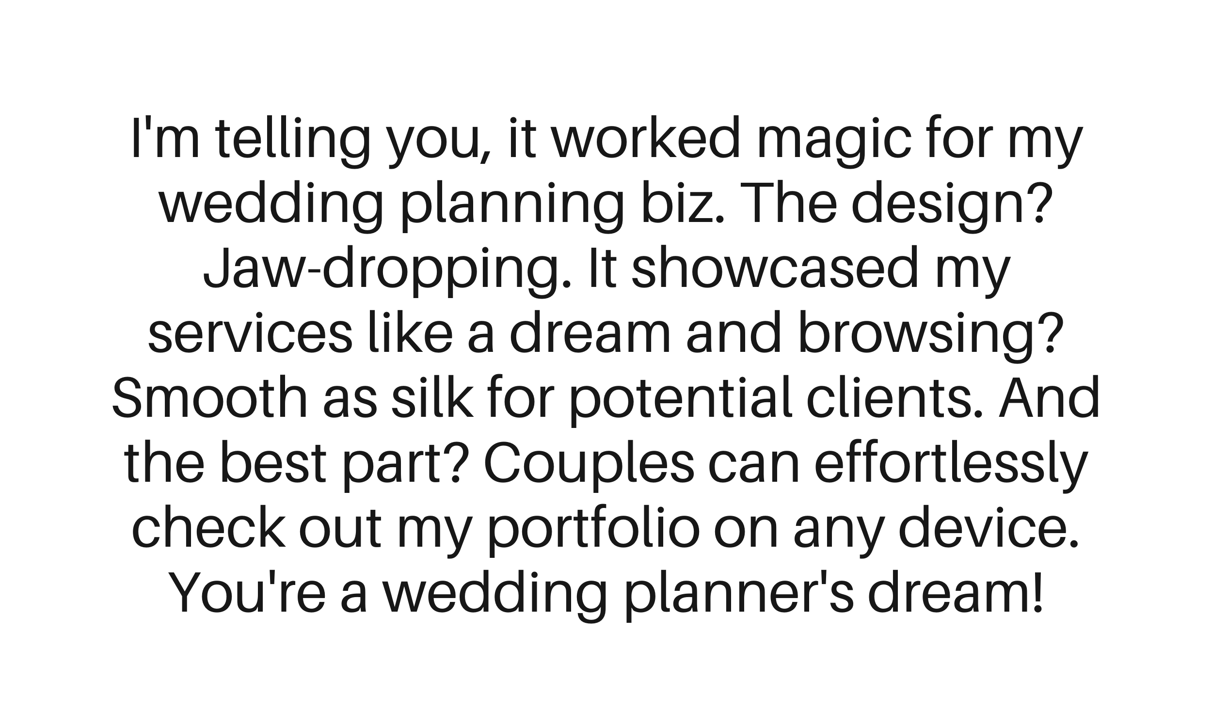 A printed card with a humorous message about wedding planning, design, and portfolio checking.