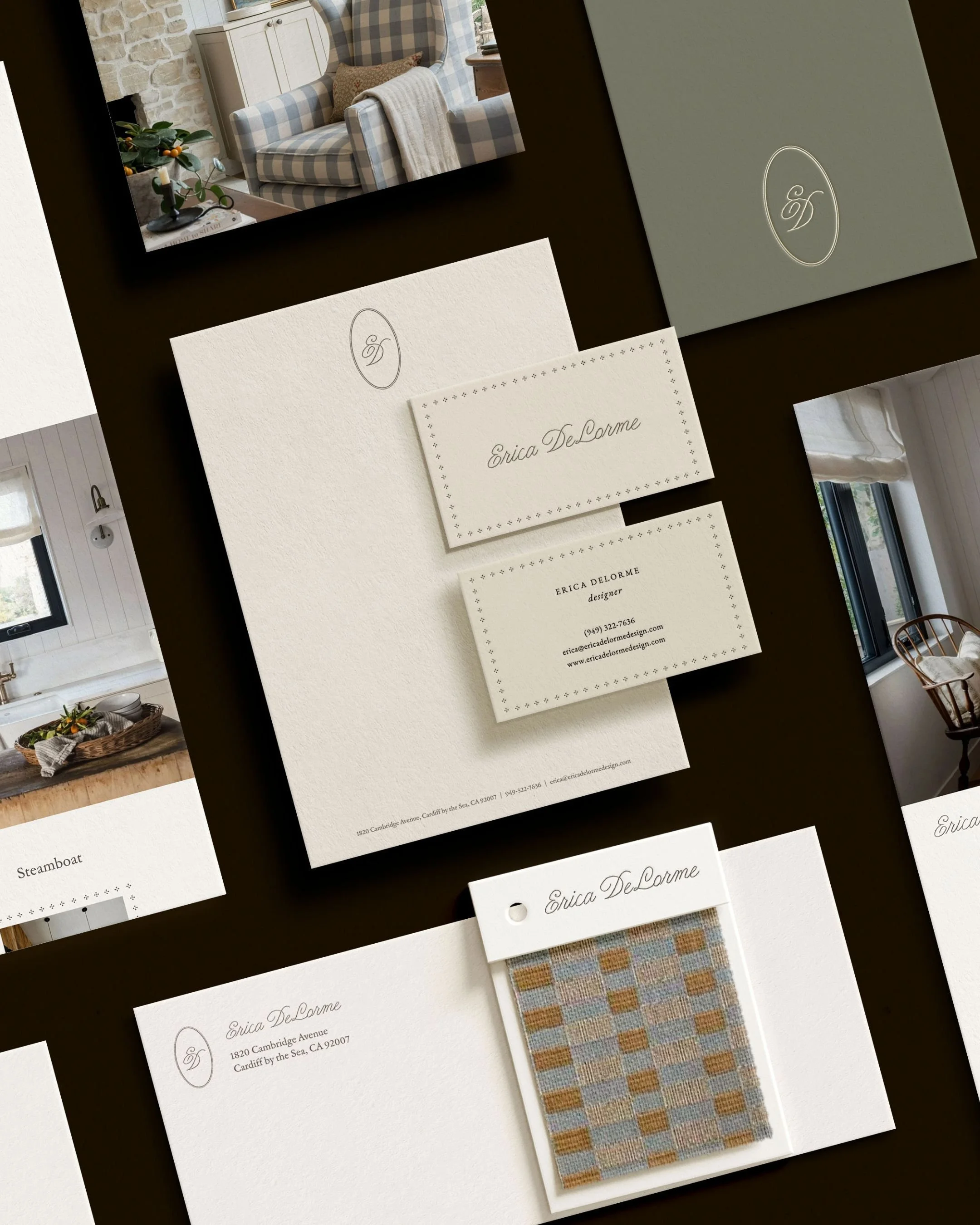 Sample business card design with name Erica DeLorme, a patterned fabric swatch, and images of a cozy living room with a checkered sofa and a window.