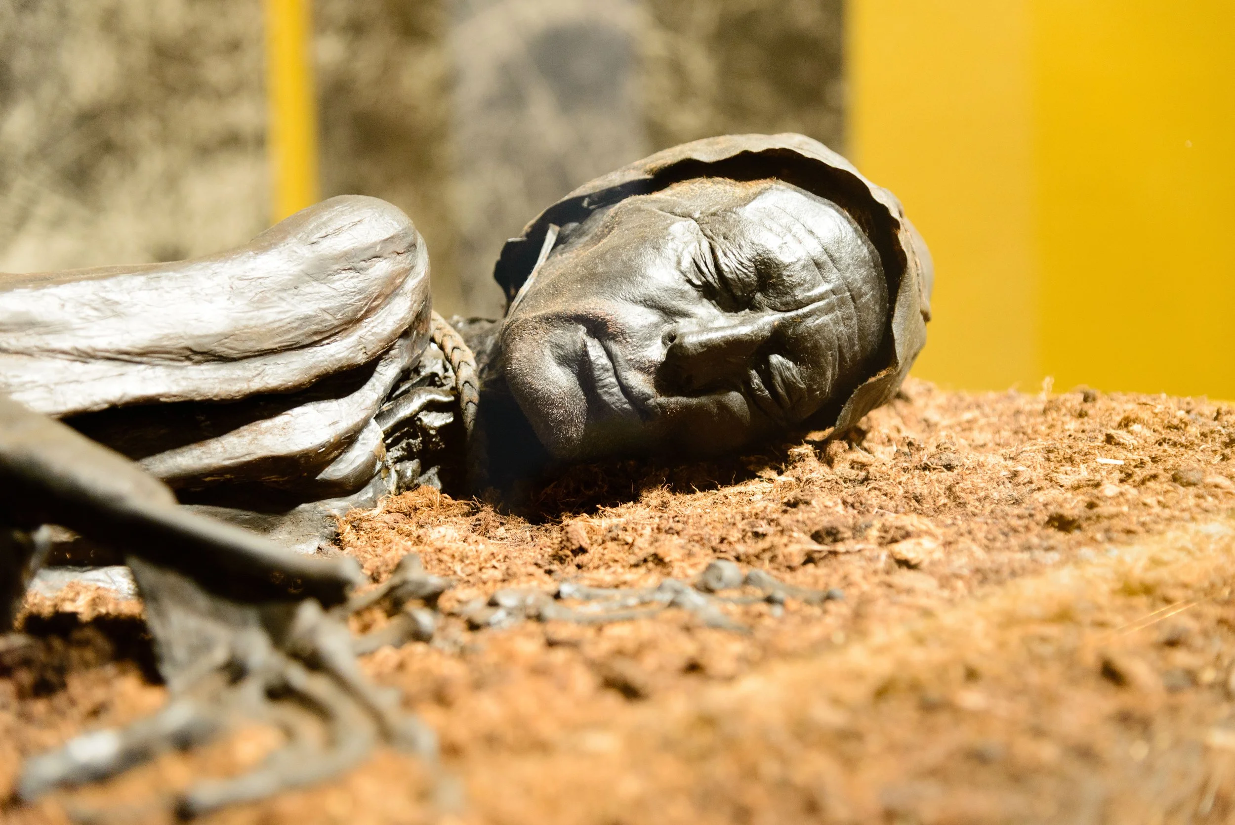A close-up photo of a sculpture of a person lying on the ground with their eyes closed, wearing a hooded garment, on a rough surface.