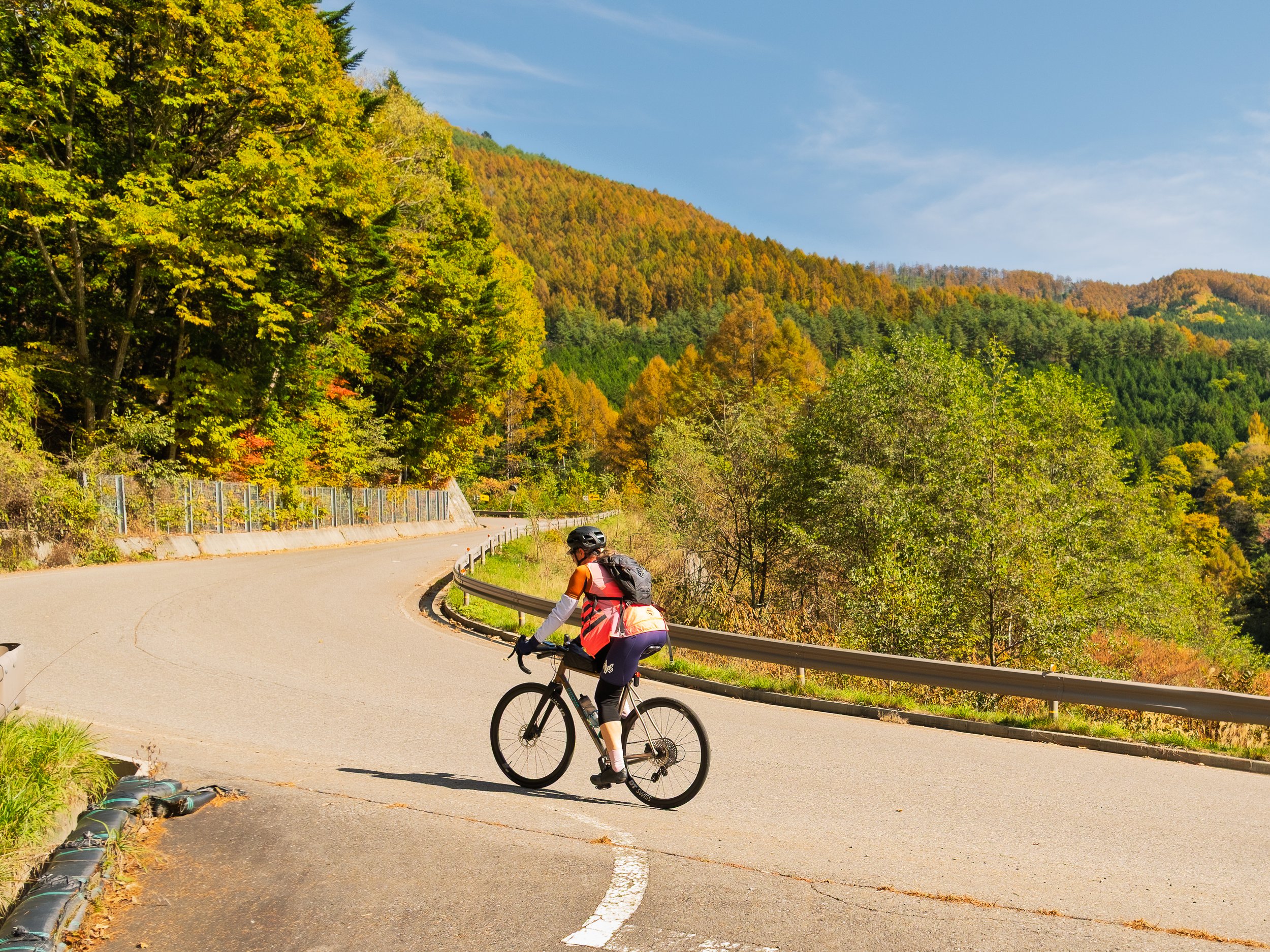 A cyclist riding on a winding mountain road surrounded by colorful fall foliage and green trees.
