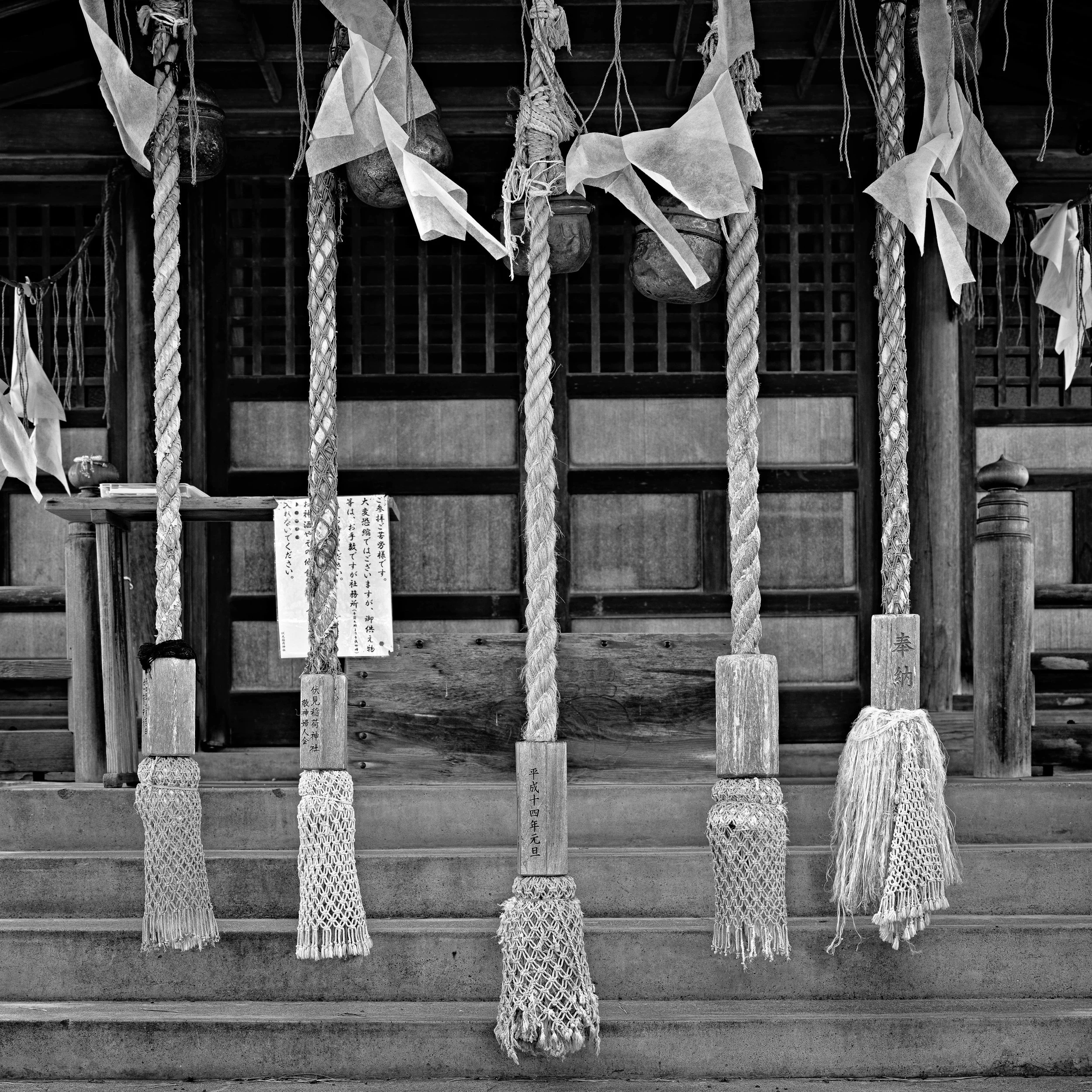 Black and white photograph of a Japanese shrine interior with dangling thick ropes, wooden plaques, and traditional adornments.