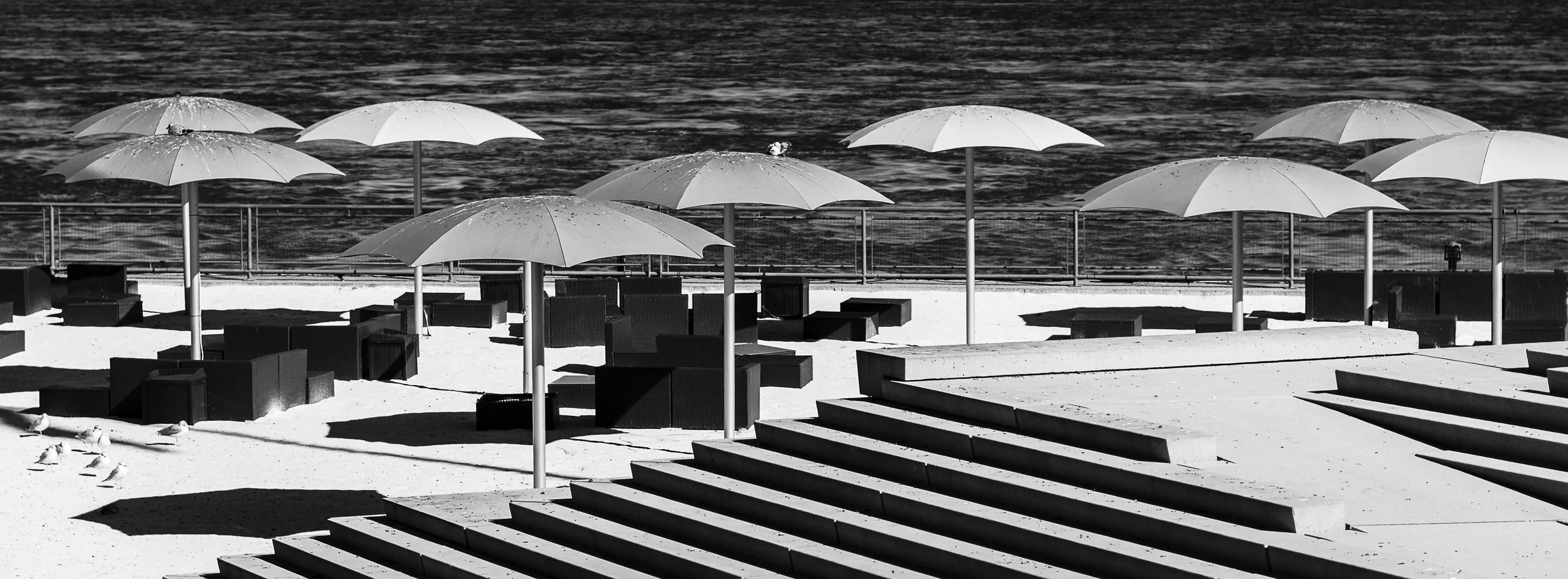 Empty beach with large umbrellas, lounge chairs, and steps leading to the water. Black and white photo.