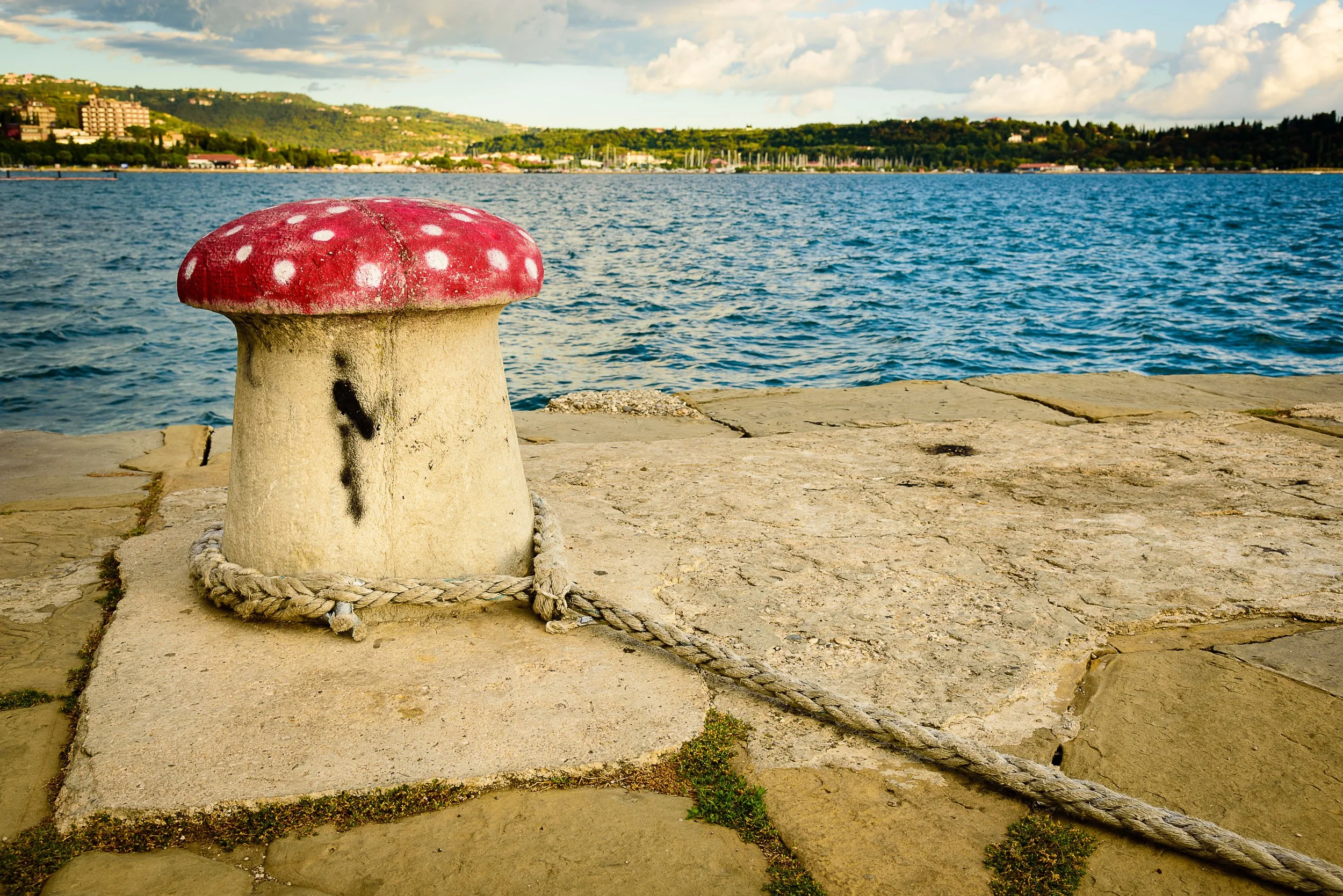 A decorative boat bollard shaped like a mushroom with a red cap and white spots, tied to the dock with a rope, beside a body of water with a cityscape and hills in the background.