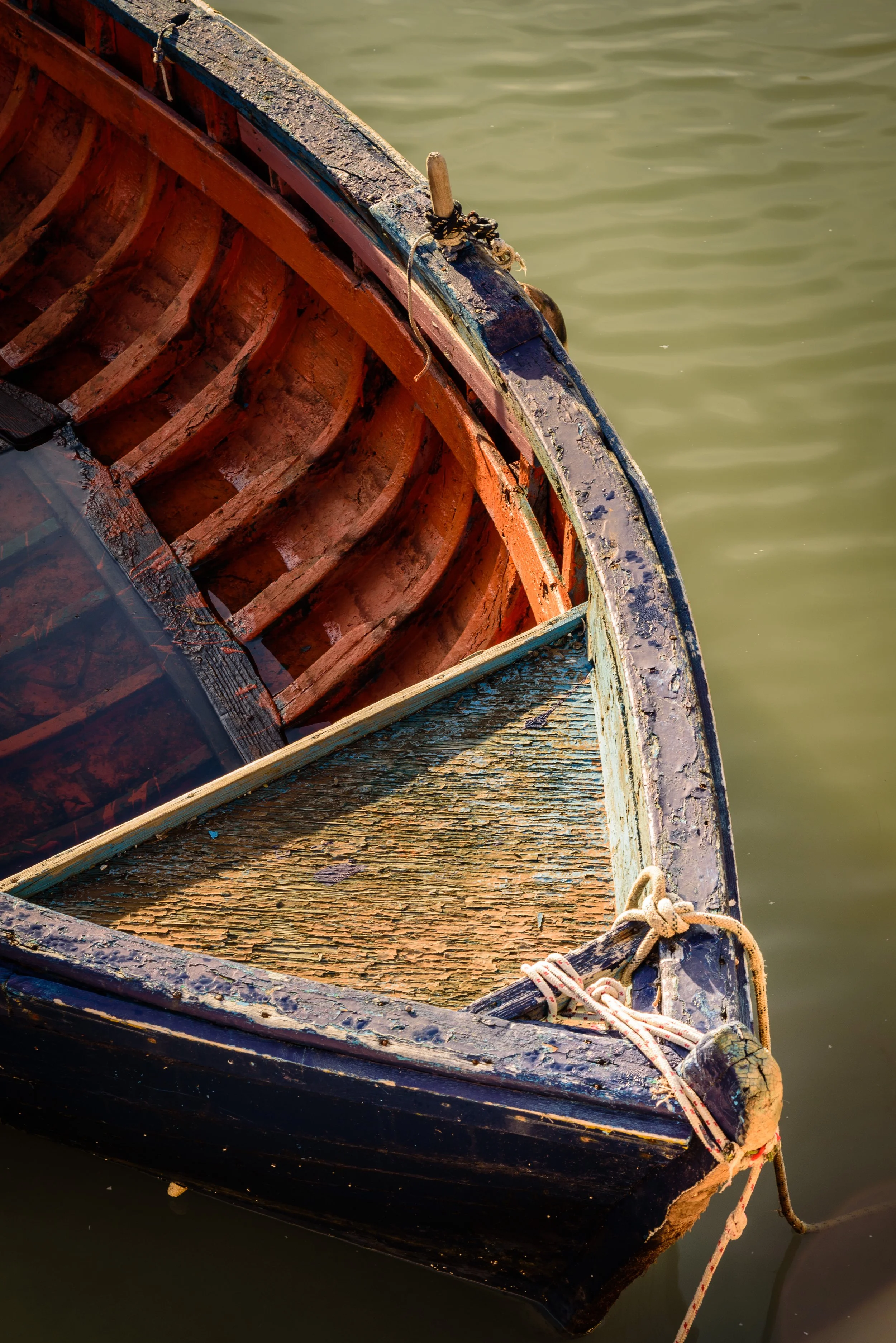 Close-up of an old wooden boat with peeling paint, floating on greenish water, showing the internal wooden ribs and the bow tied with a rope.