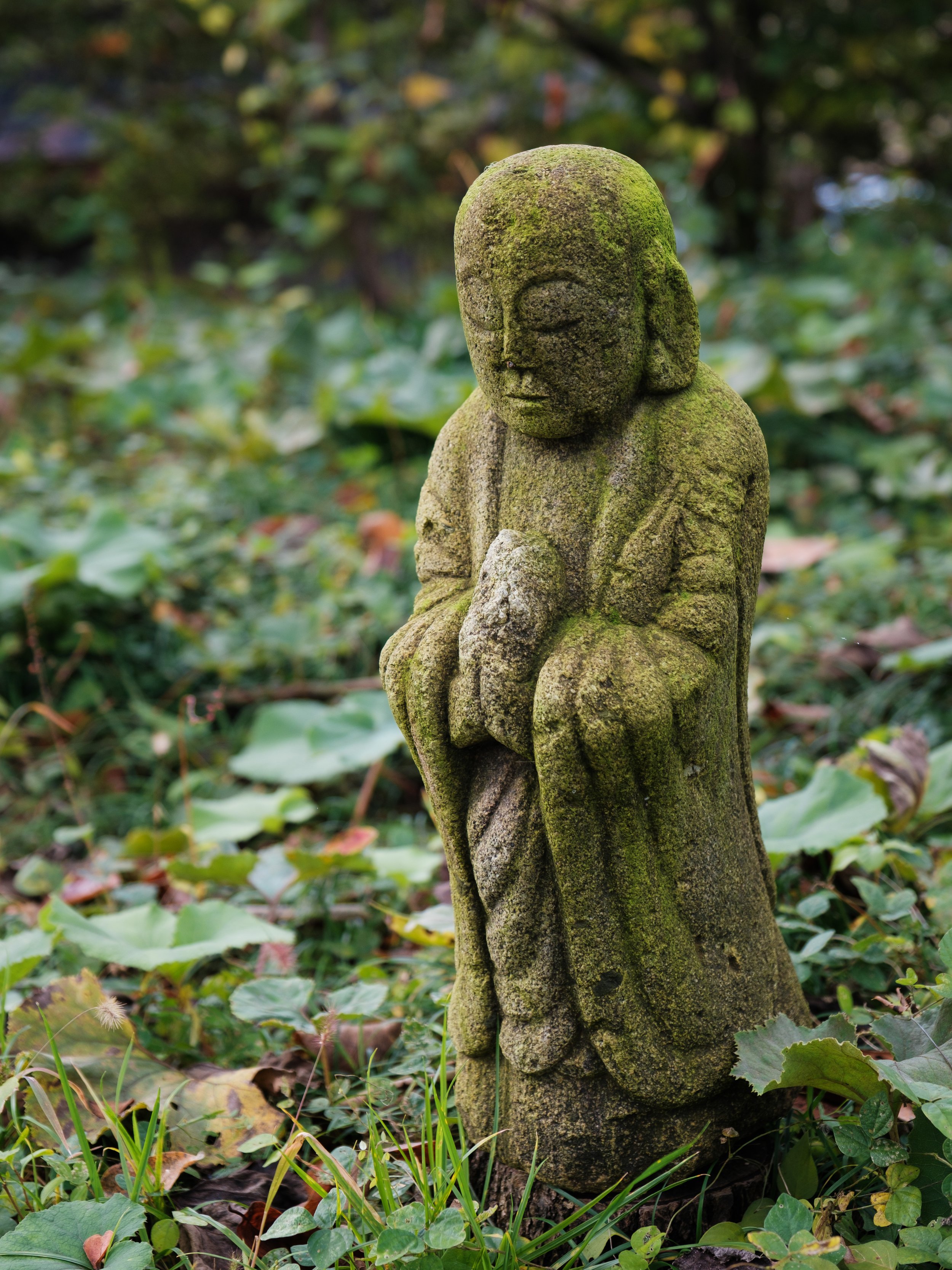 A moss-covered stone statue of a child with hands clasped, standing in a leafy outdoor setting.