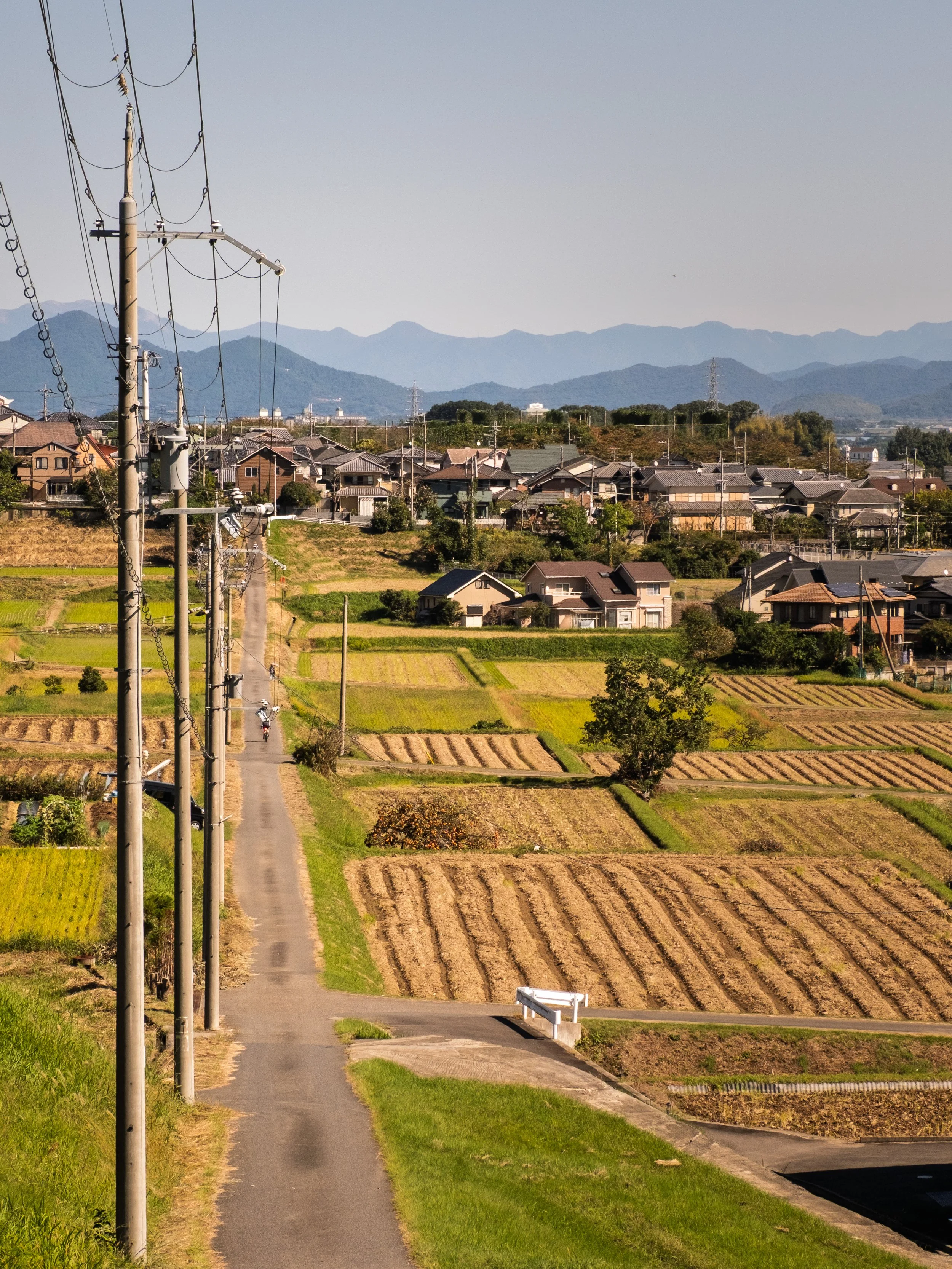 Cyclists in a rural landscape with power lines along a small paved road, surrounding fields with patches of cultivated land, houses, and a backdrop of mountains under a clear sky.